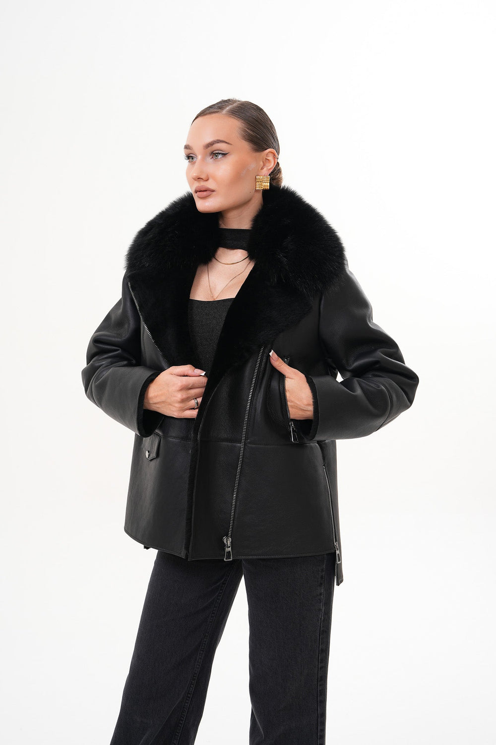 The Duchess Shearling Black Leather Jacket Exclusive Style
