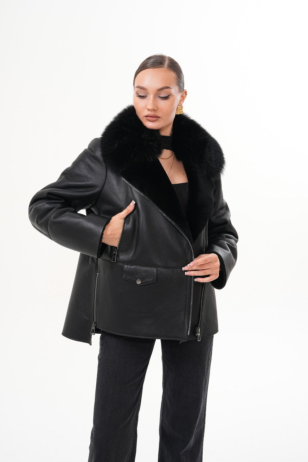 The Duchess Shearling Black Leather Jacket Exclusive Style
