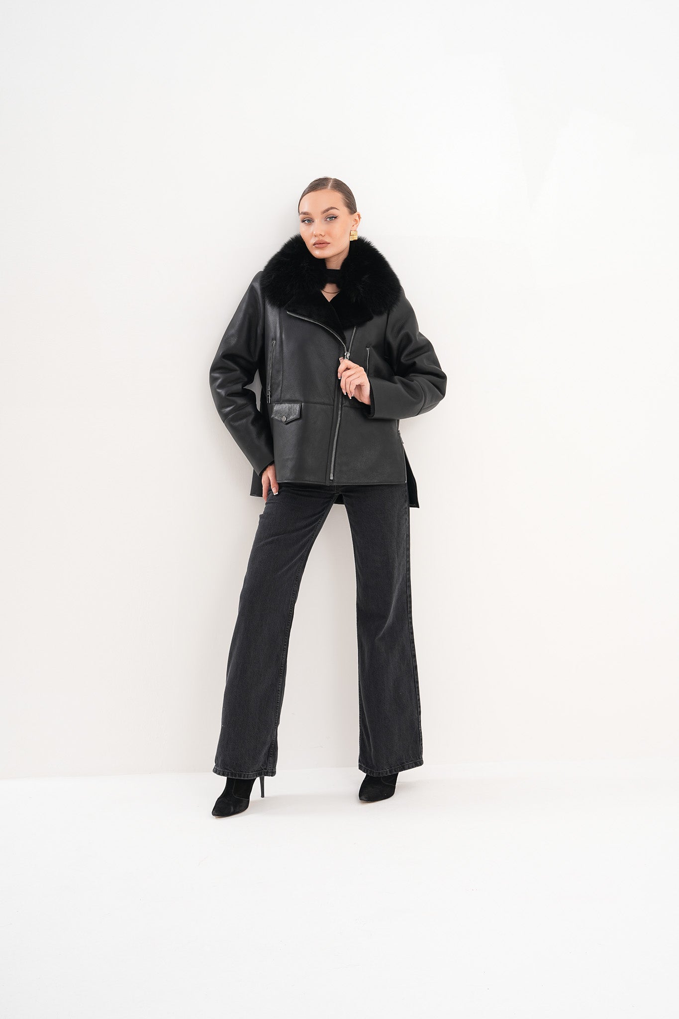 The Duchess Shearling Black Leather Jacket Exclusive Style