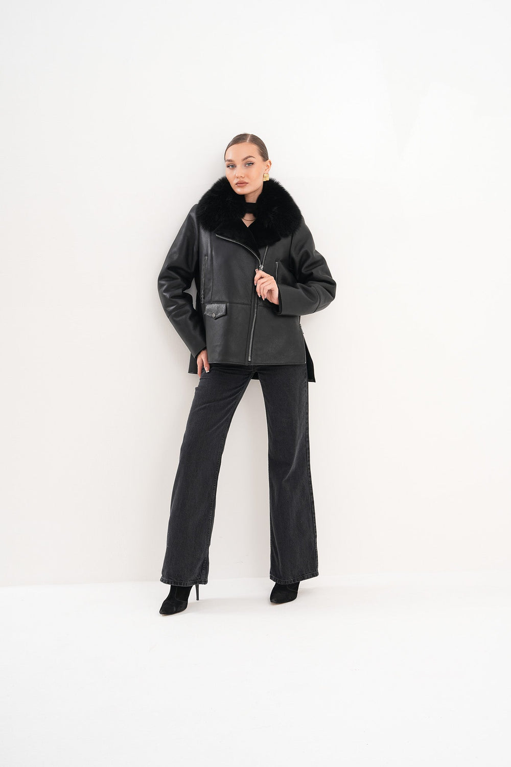The Duchess Shearling Black Leather Jacket Exclusive Style