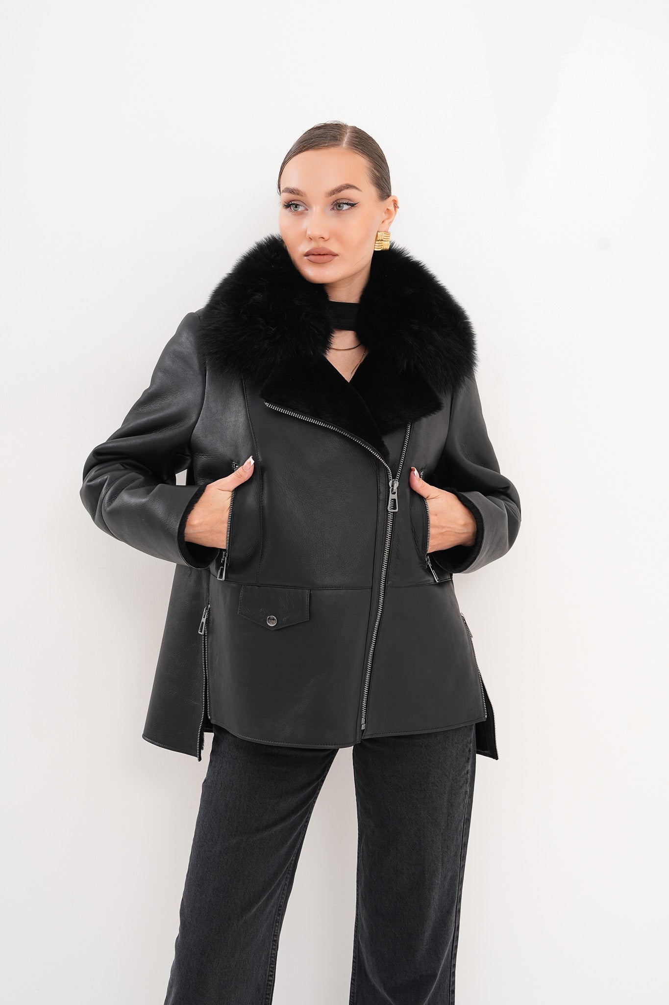 The Duchess Shearling Black Leather Jacket Exclusive Style