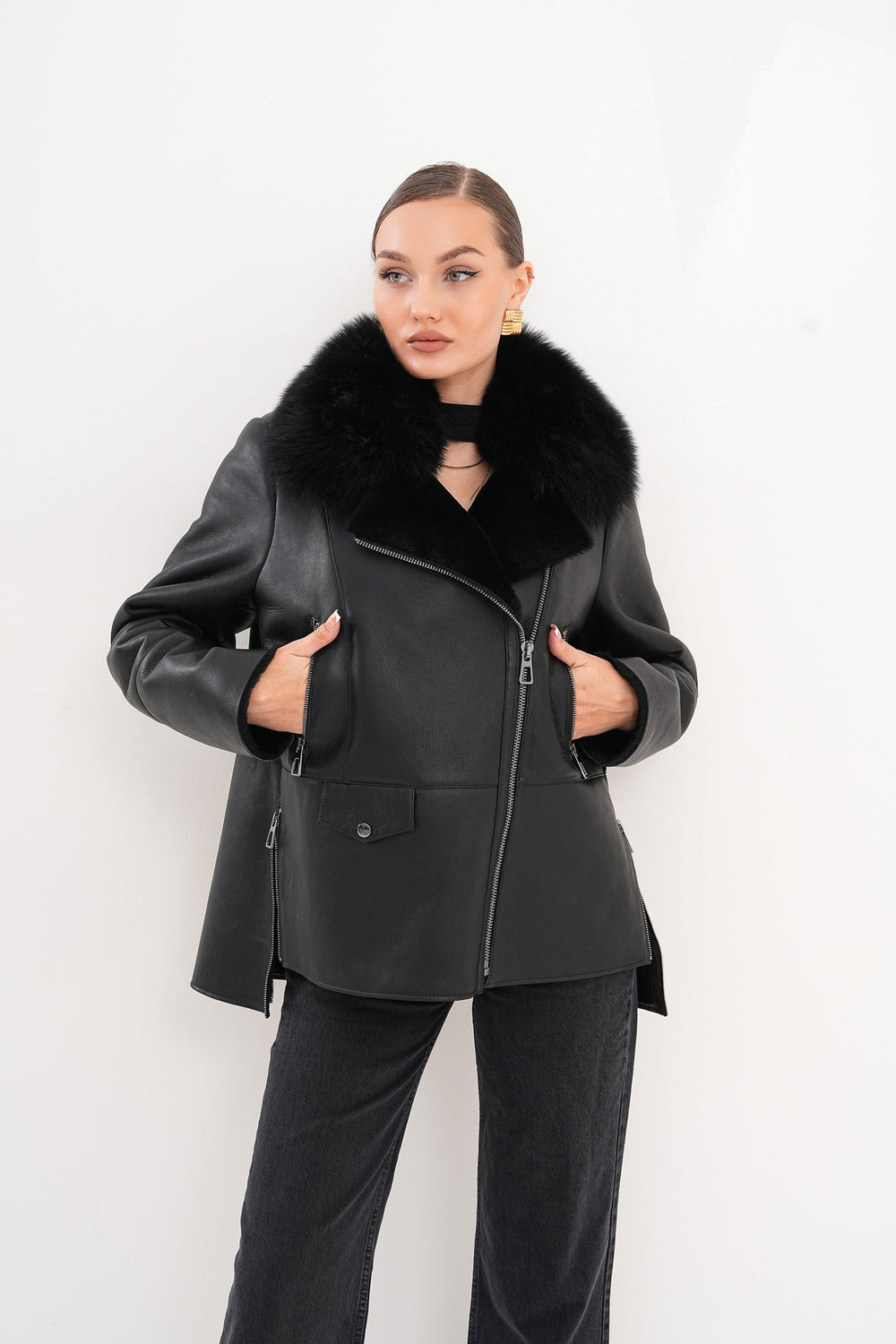 The Duchess Shearling Black Leather Jacket Exclusive Style