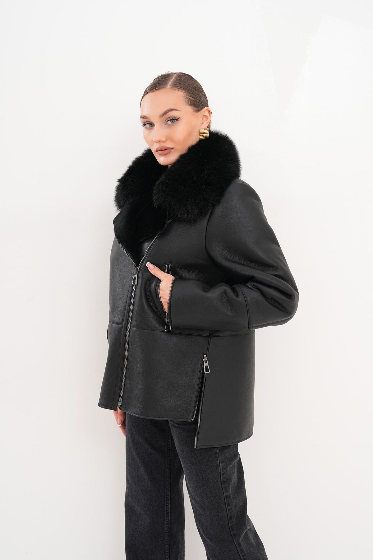 The Duchess Shearling Black Leather Jacket Exclusive Style