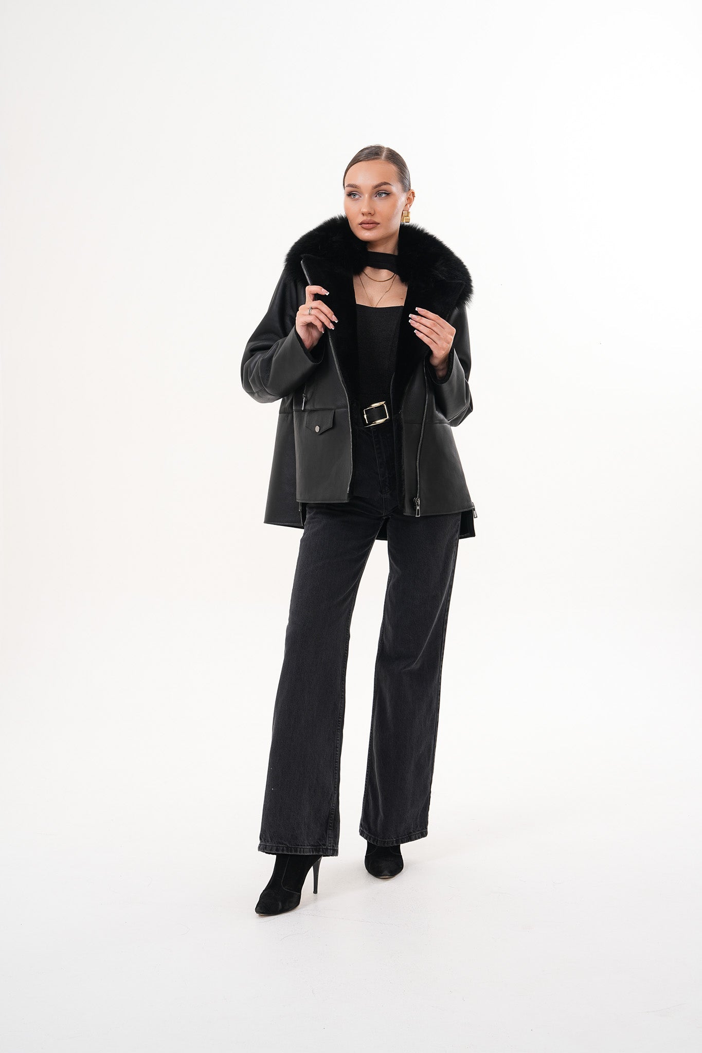 The Duchess Shearling Black Leather Jacket Exclusive Style