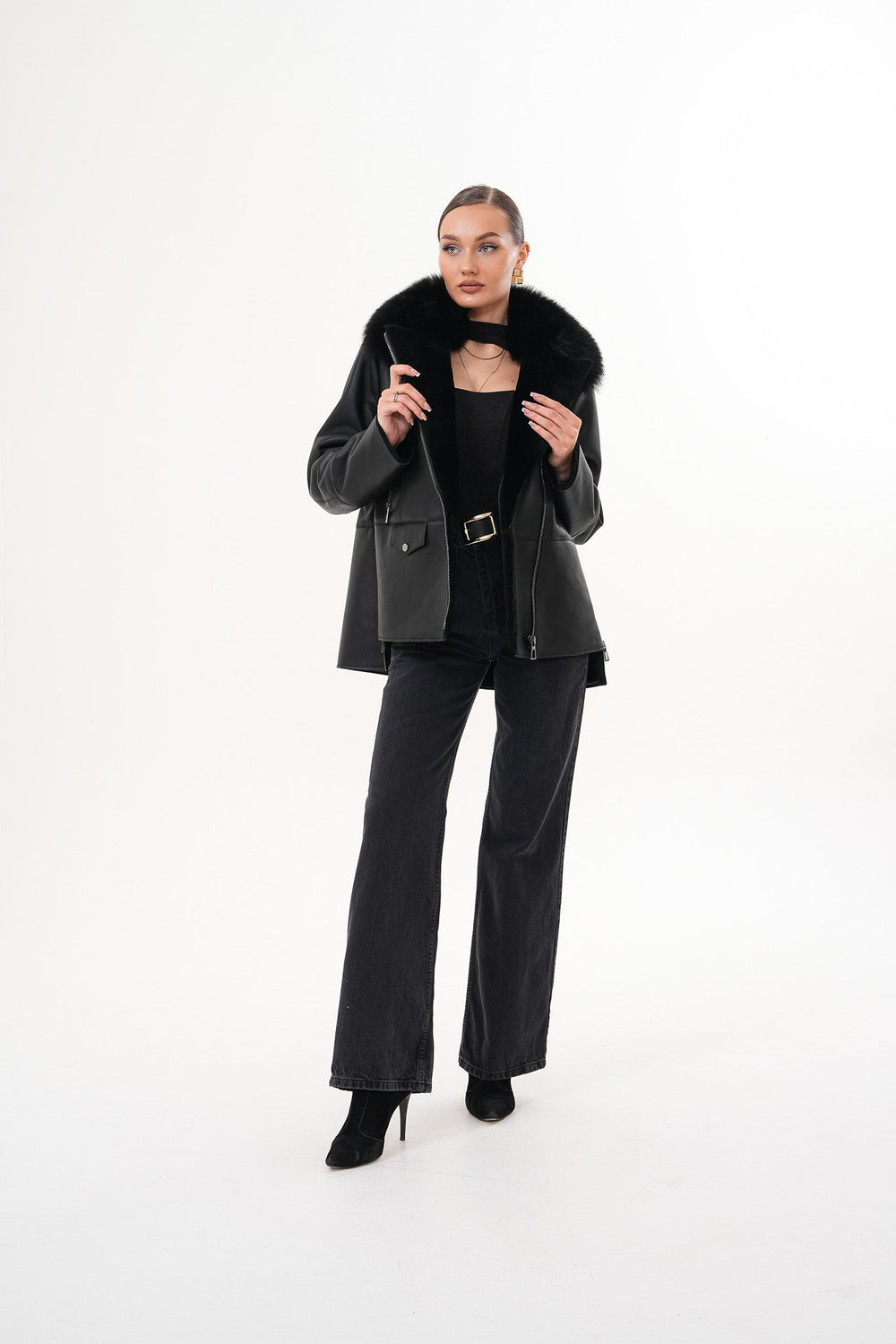 The Duchess Shearling Black Leather Jacket Exclusive Style