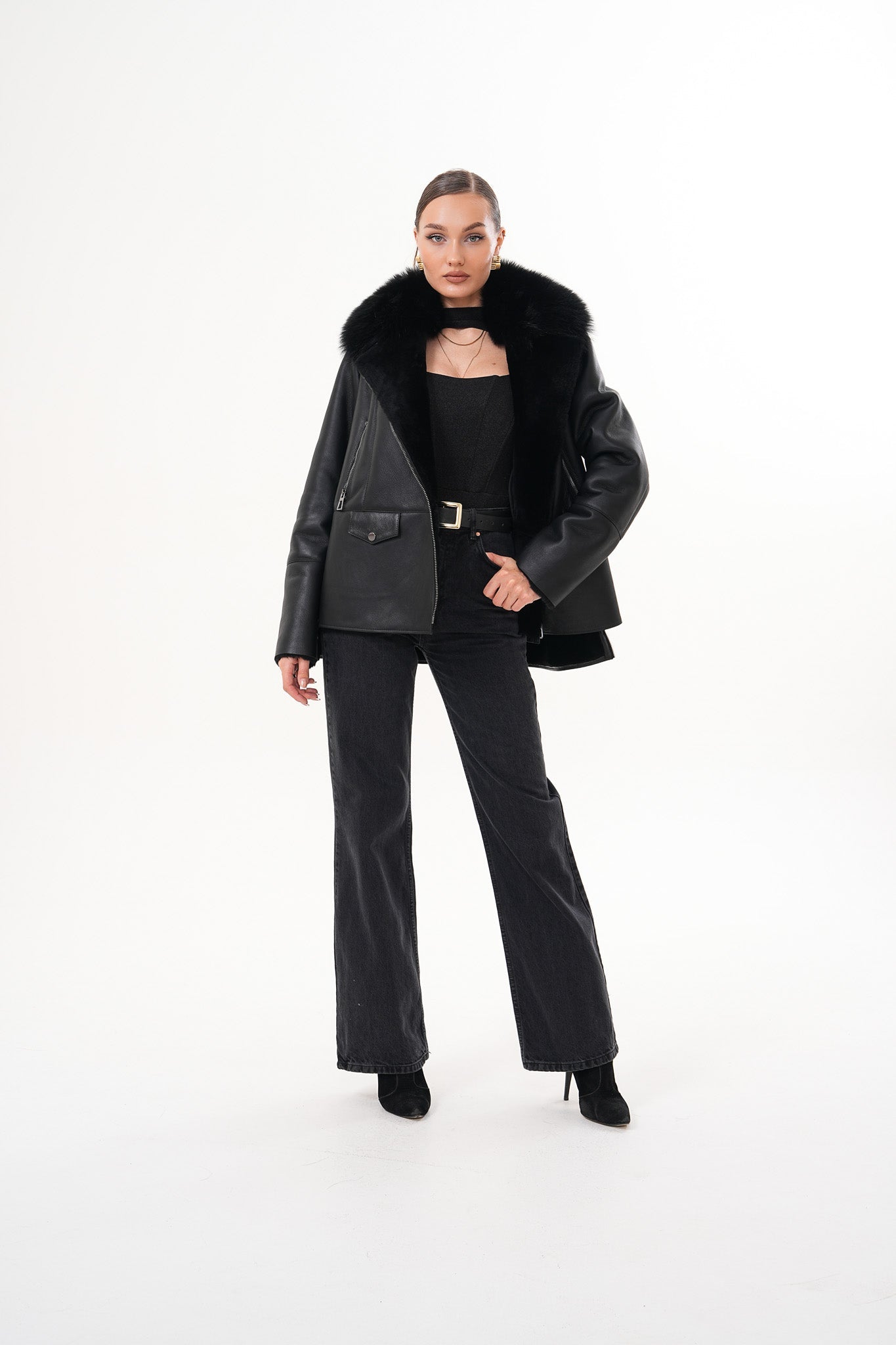 The Duchess Shearling Black Leather Jacket Exclusive Style