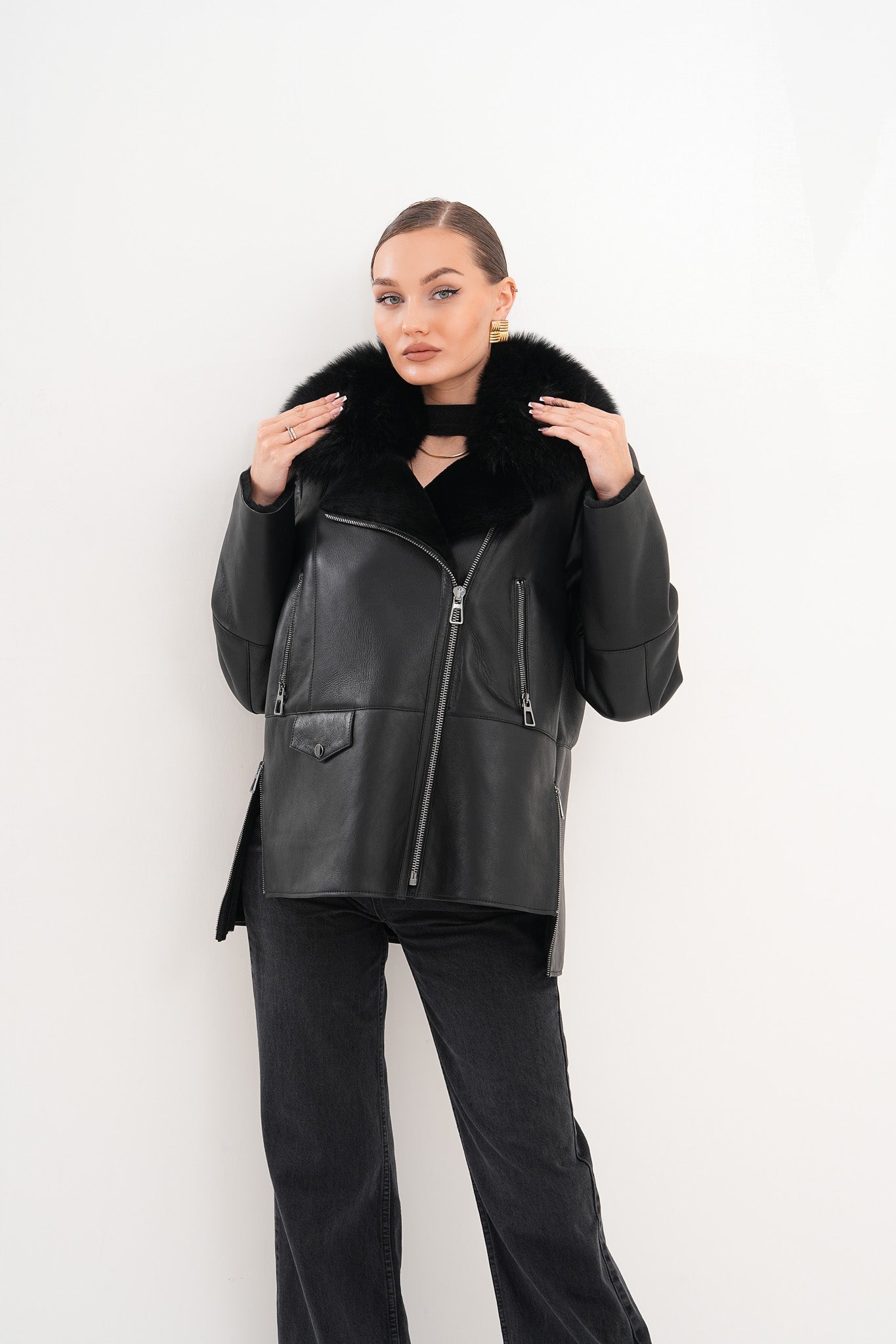 The Duchess Shearling Black Leather Jacket Exclusive Style