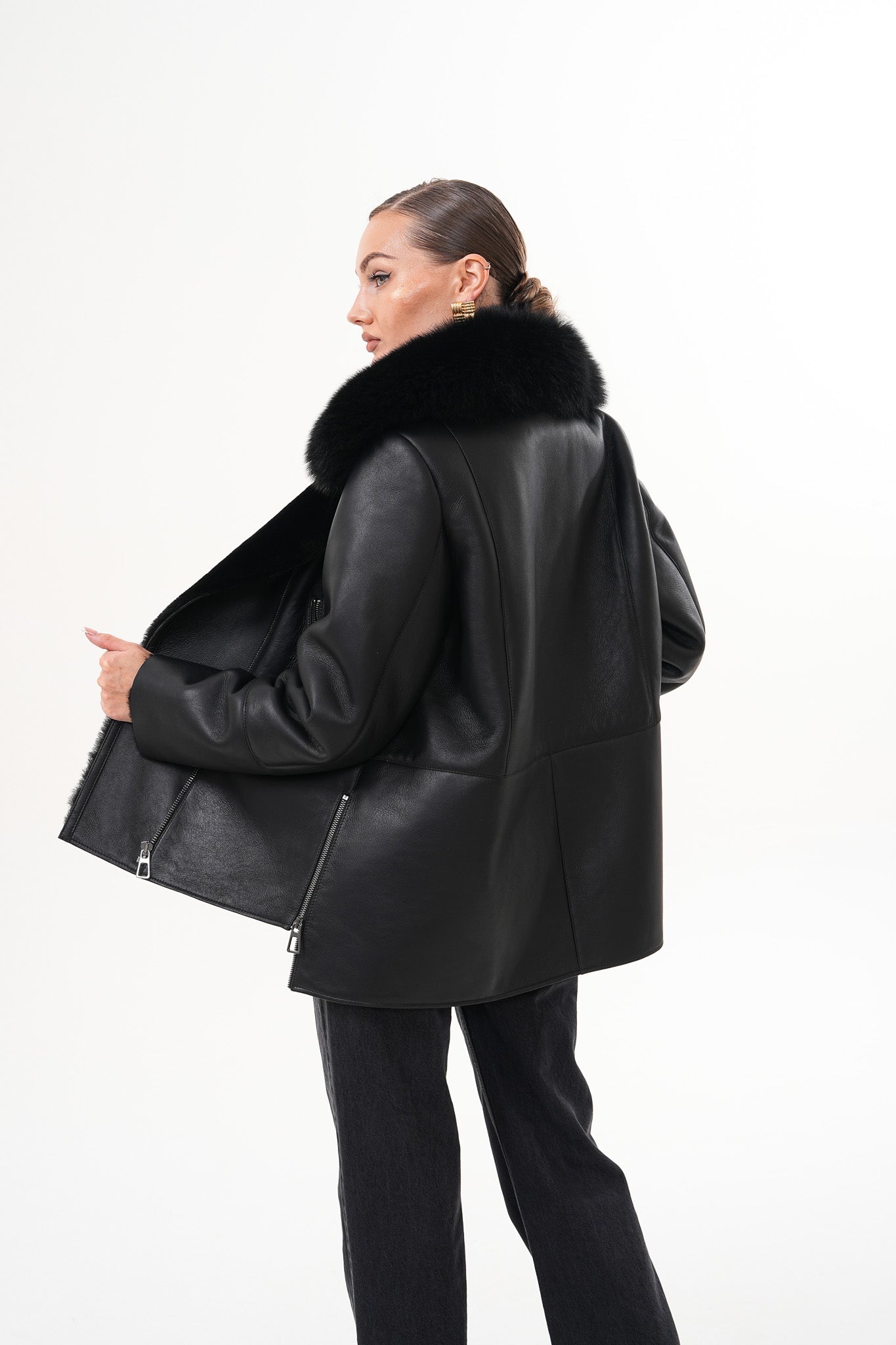 The Duchess Shearling Black Leather Jacket Exclusive Style