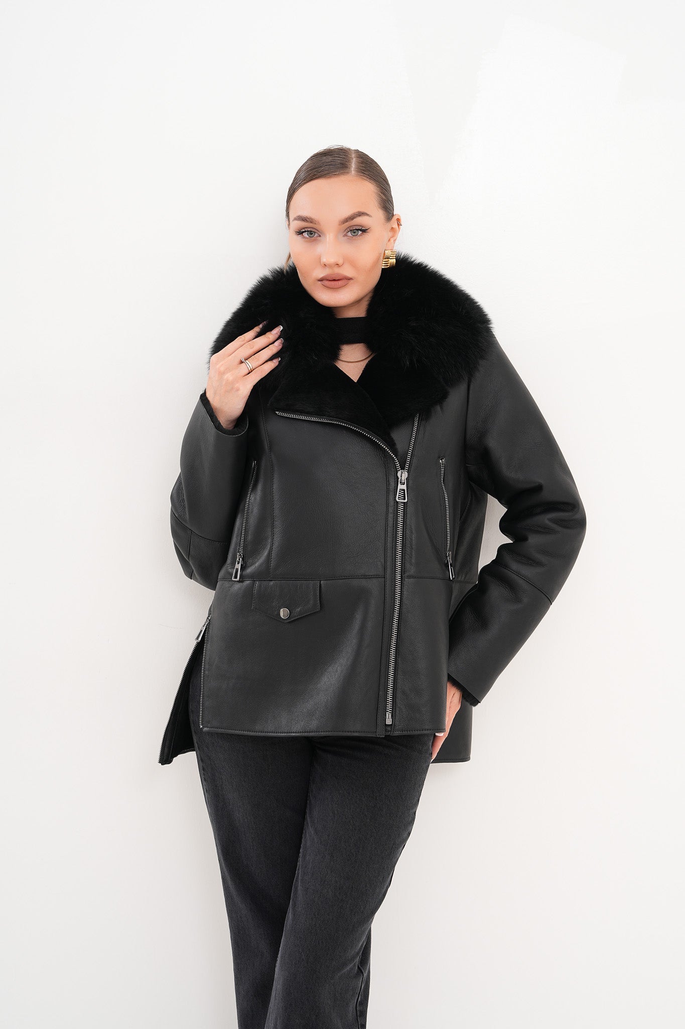 The Duchess Shearling Black Leather Jacket Exclusive Style