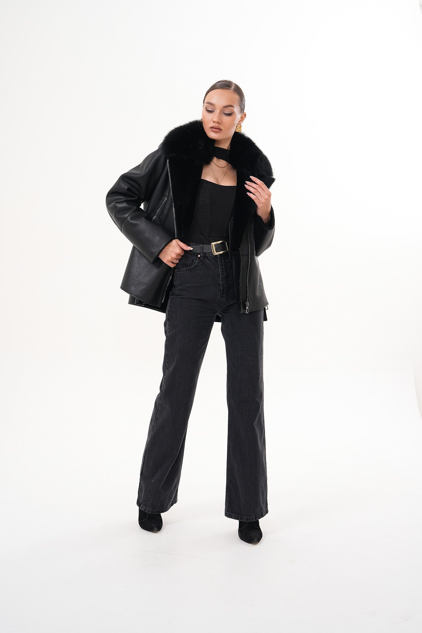 The Duchess Shearling Black Leather Jacket Exclusive Style