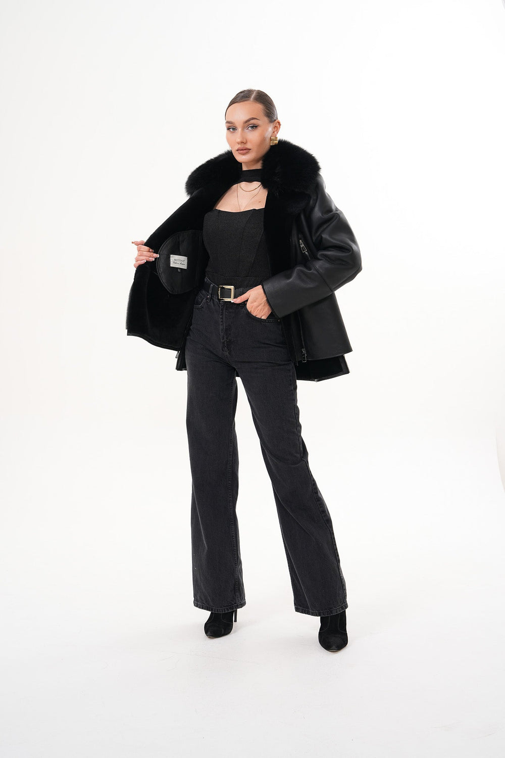 The Duchess Shearling Black Leather Jacket Exclusive Style