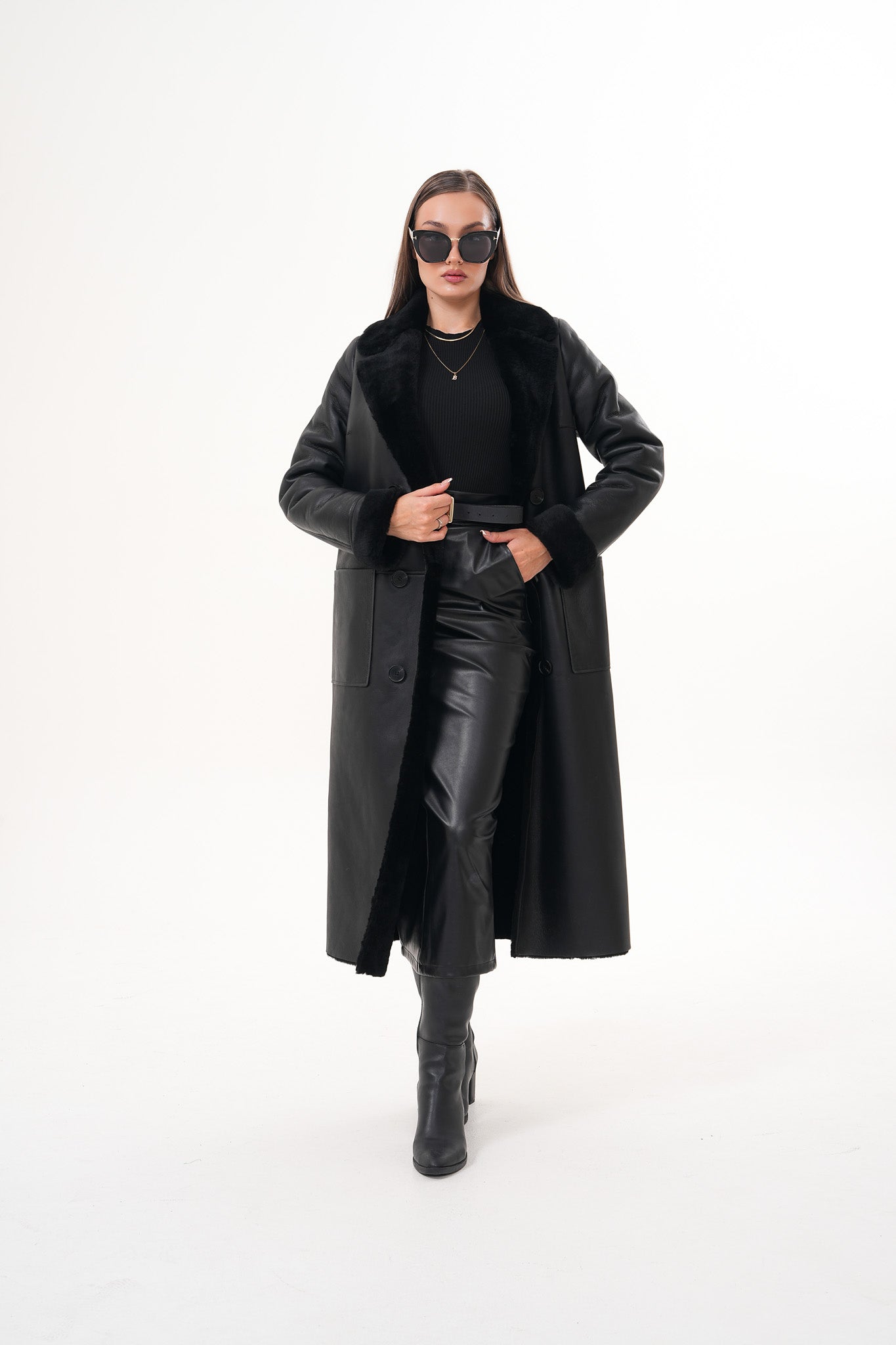 The Raven Long Shearling Black Leather Leather Jacket On Sale