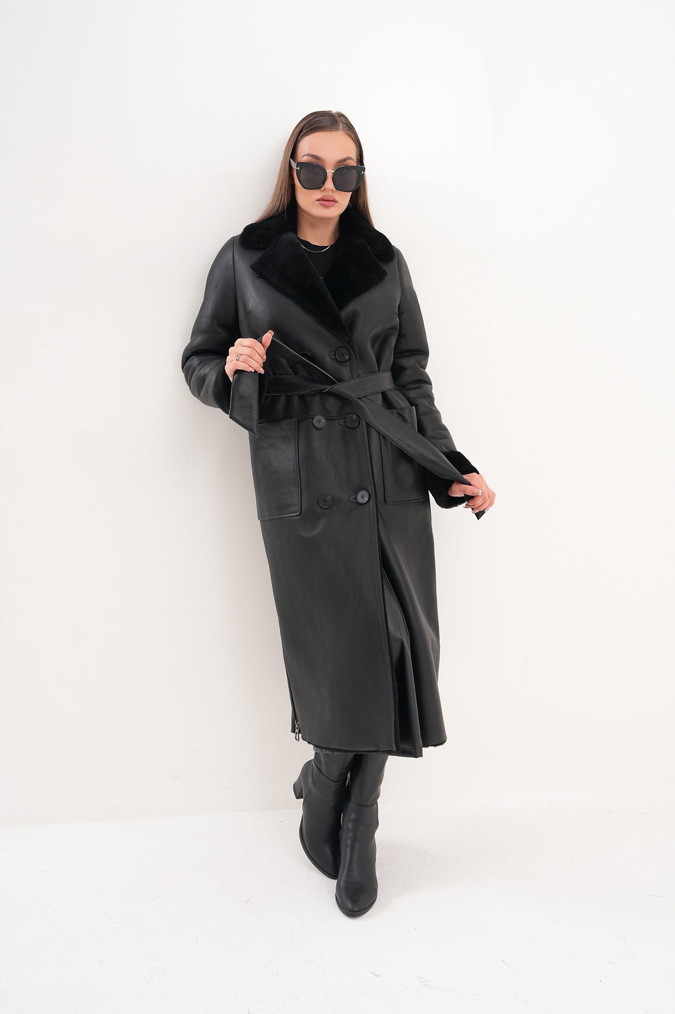 The Raven Long Shearling Black Leather Leather Jacket On Sale