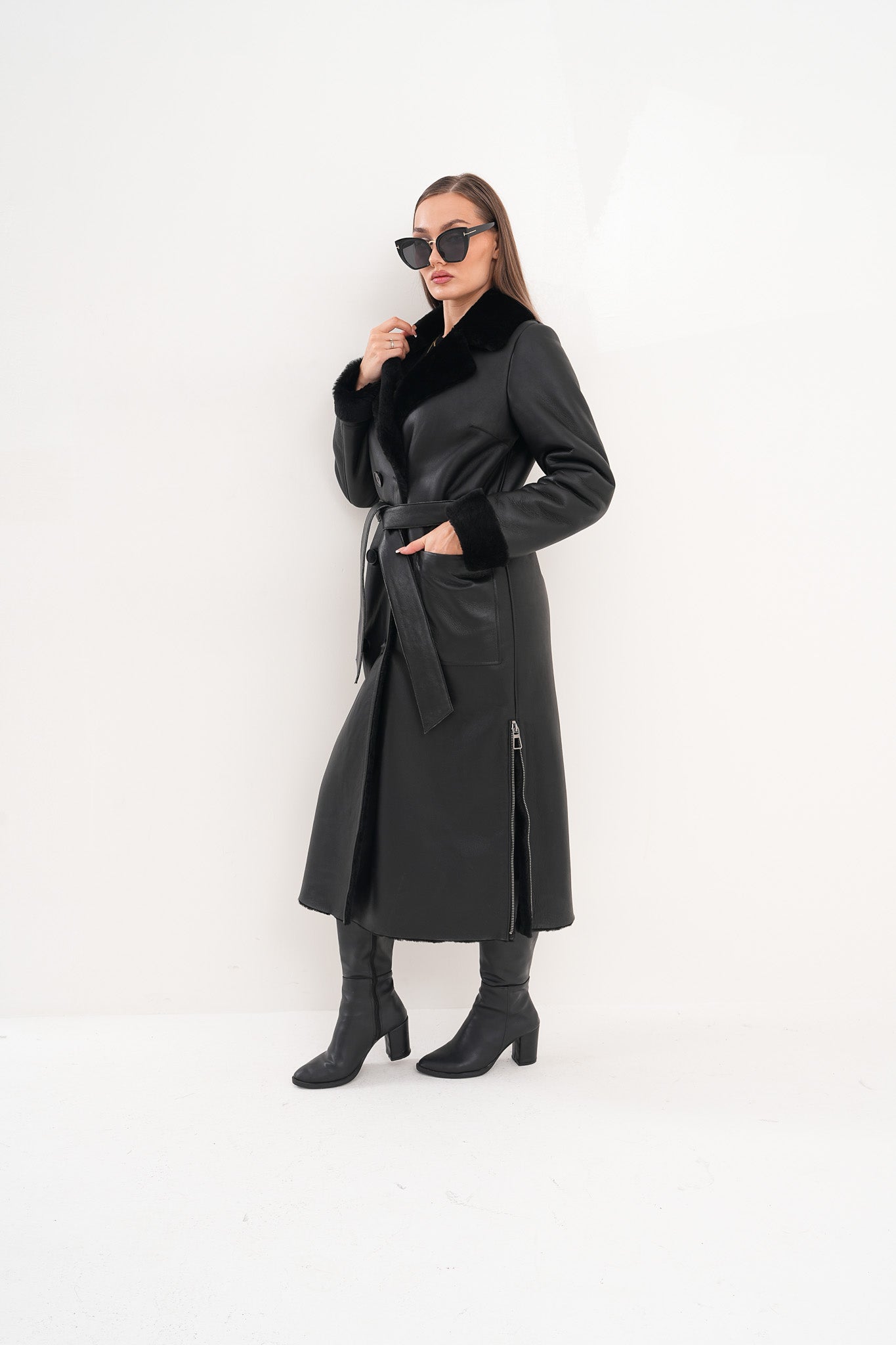The Raven Long Shearling Black Leather Leather Jacket On Sale