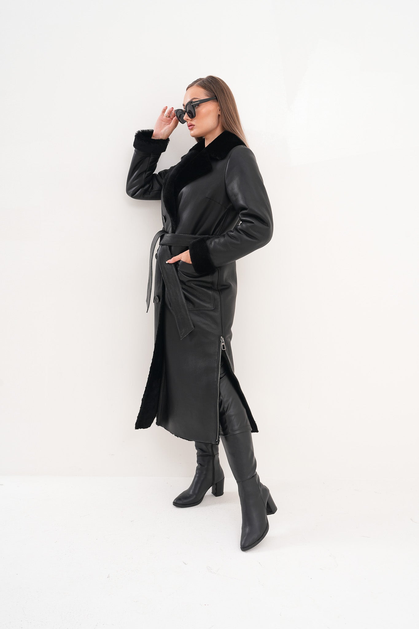 The Raven Long Shearling Black Leather Leather Jacket On Sale