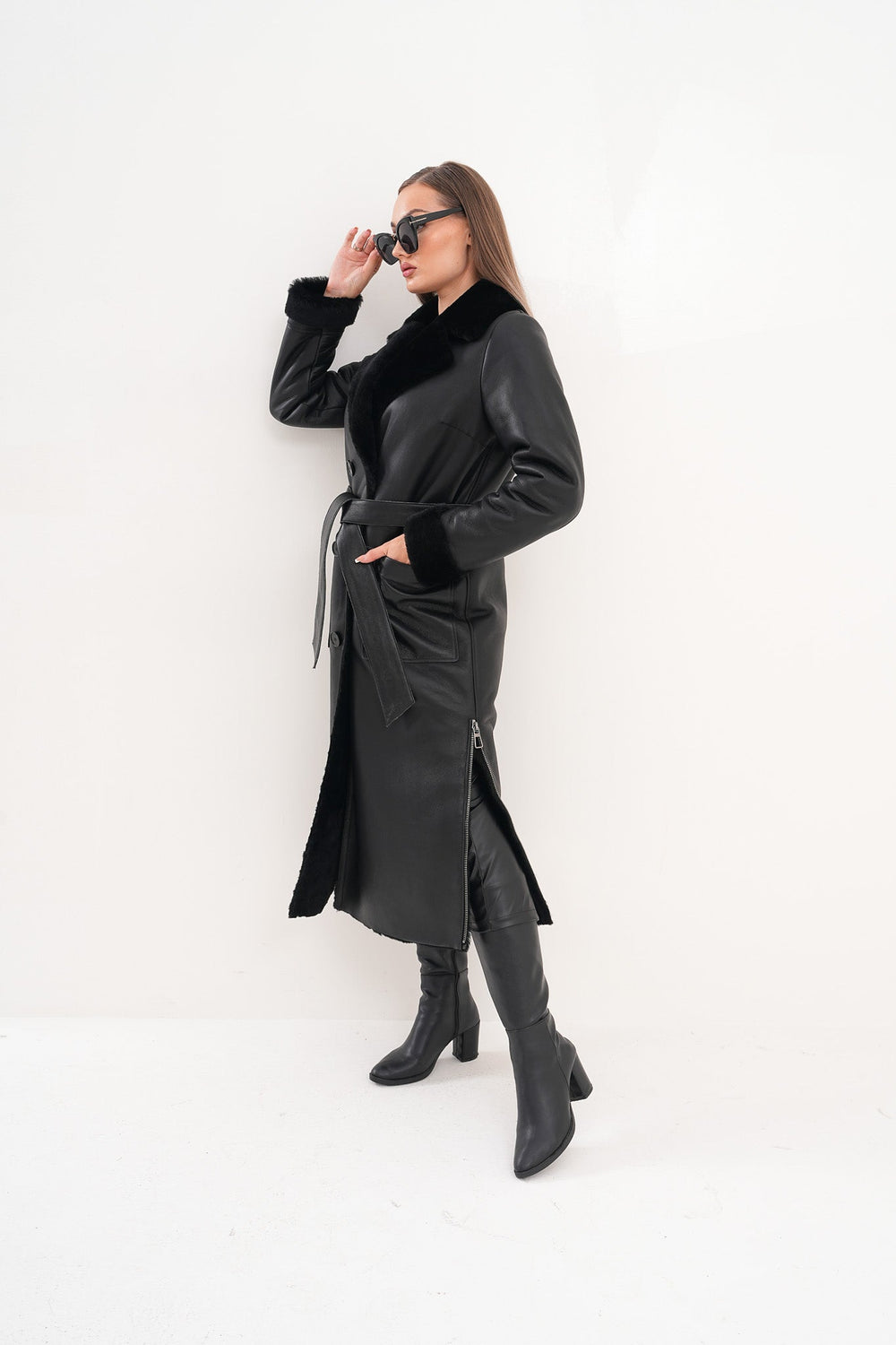 The Raven Long Shearling Black Leather Leather Jacket On Sale