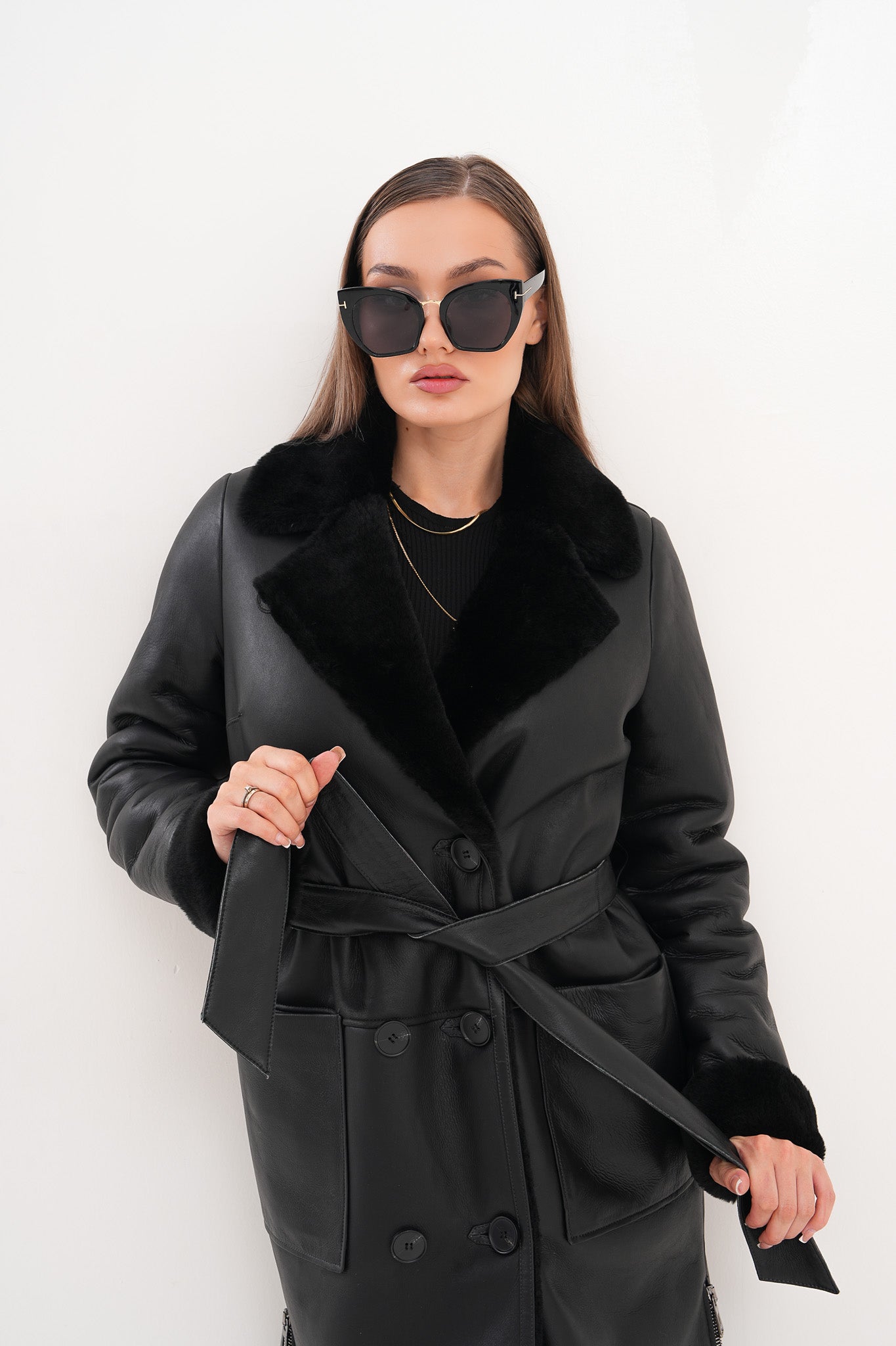 The Raven Long Shearling Black Leather Leather Jacket On Sale