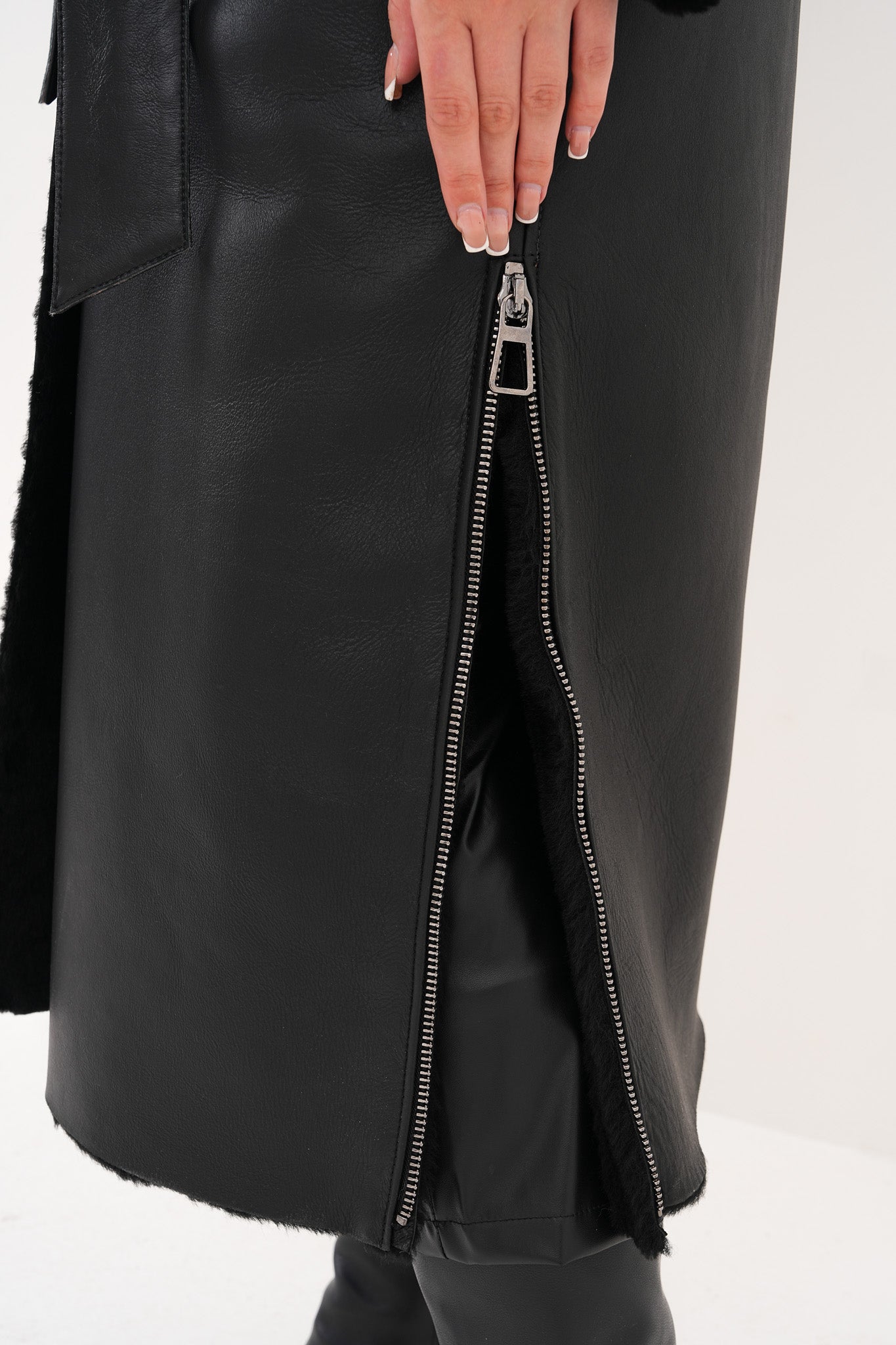 The Raven Long Shearling Black Leather Leather Jacket On Sale