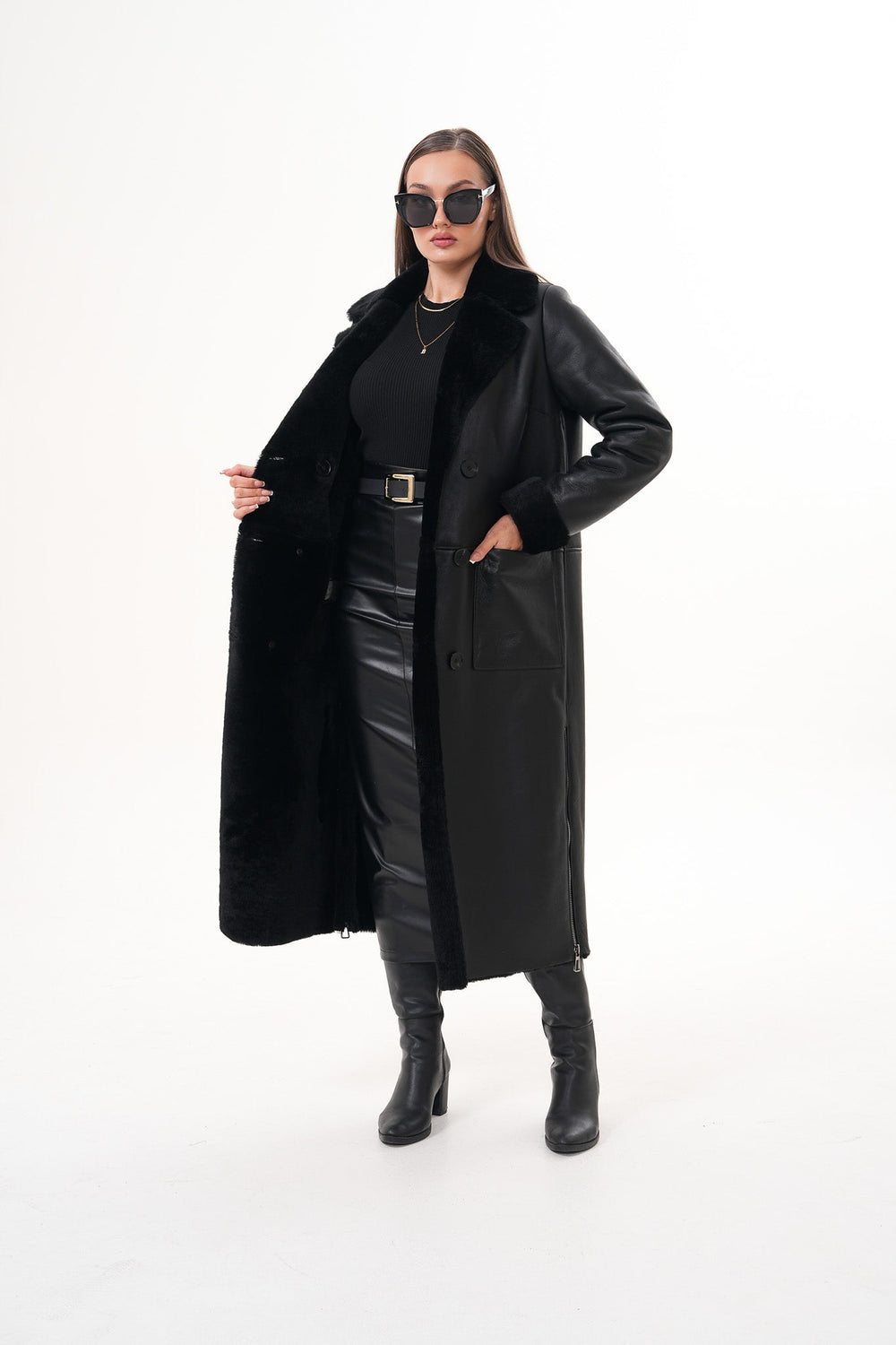 The Raven Long Shearling Black Leather Leather Jacket On Sale