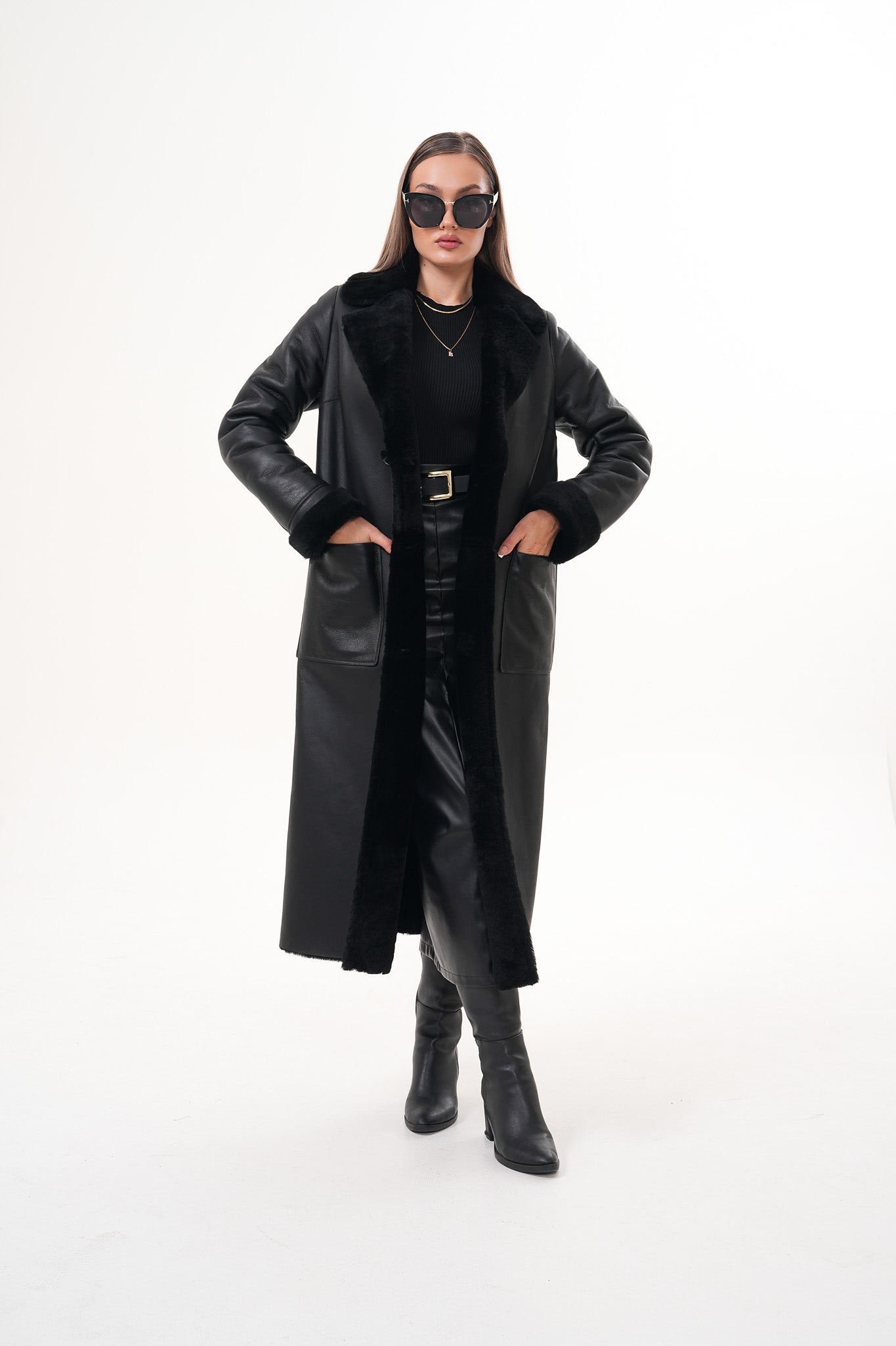 The Raven Long Shearling Black Leather Leather Jacket On Sale