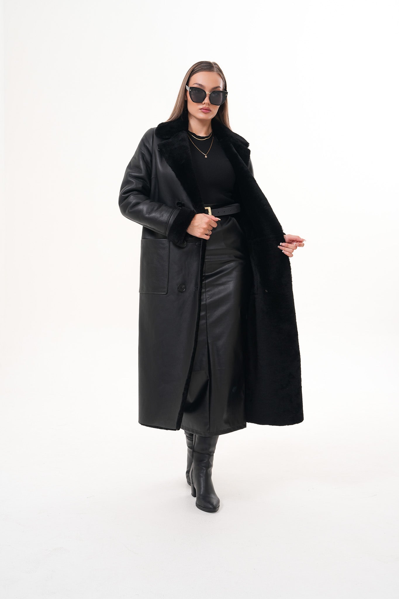 The Raven Long Shearling Black Leather Leather Jacket On Sale