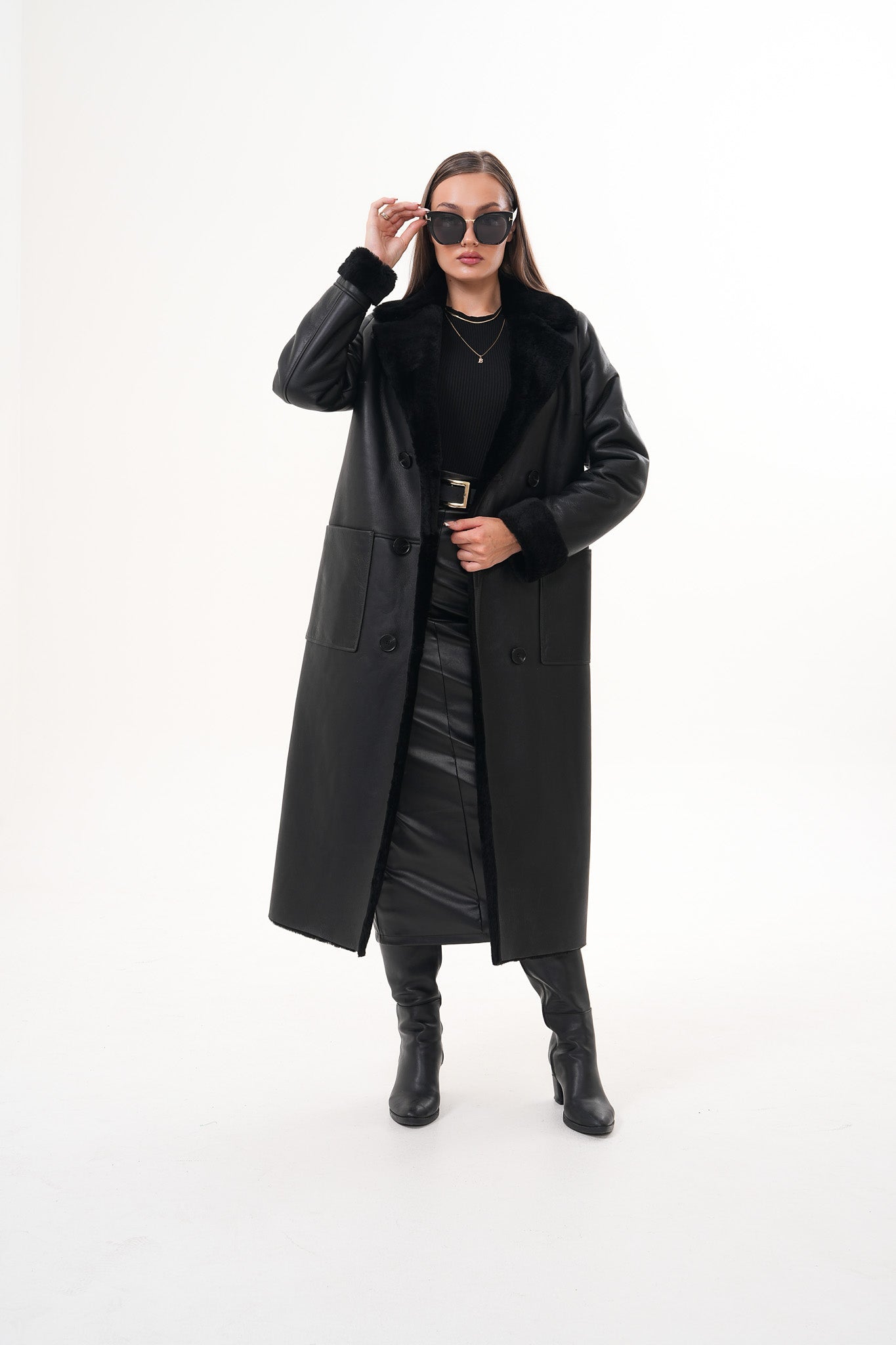 The Raven Long Shearling Black Leather Leather Jacket On Sale