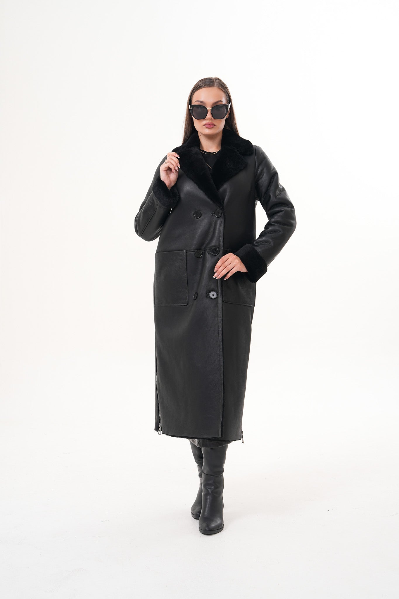 The Raven Long Shearling Black Leather Leather Jacket On Sale