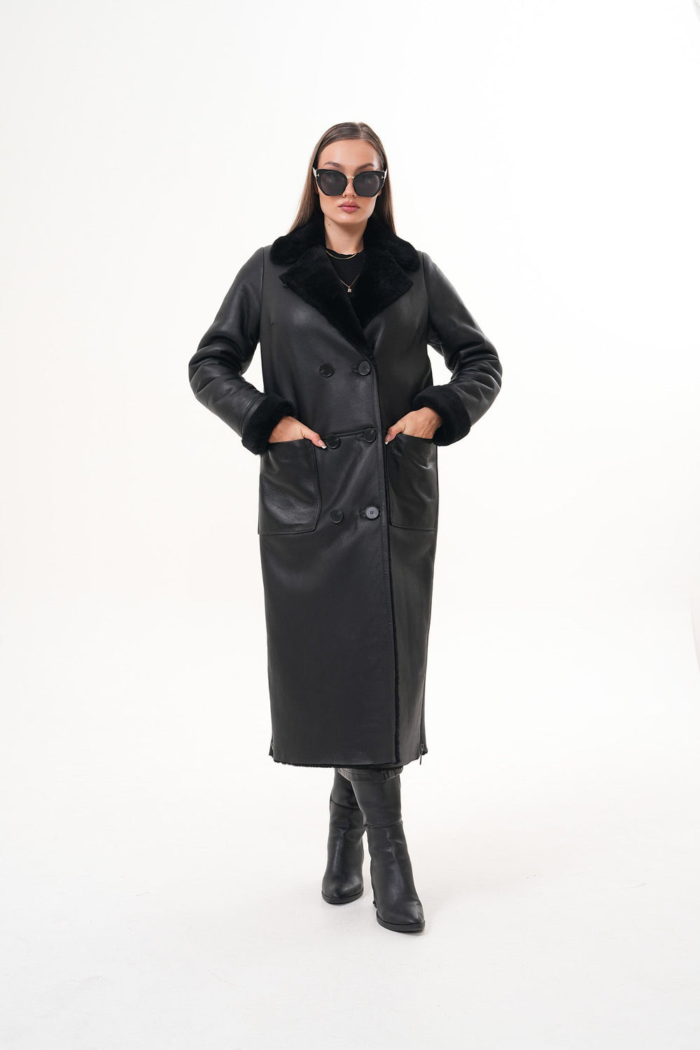 The Raven Long Shearling Black Leather Leather Jacket On Sale