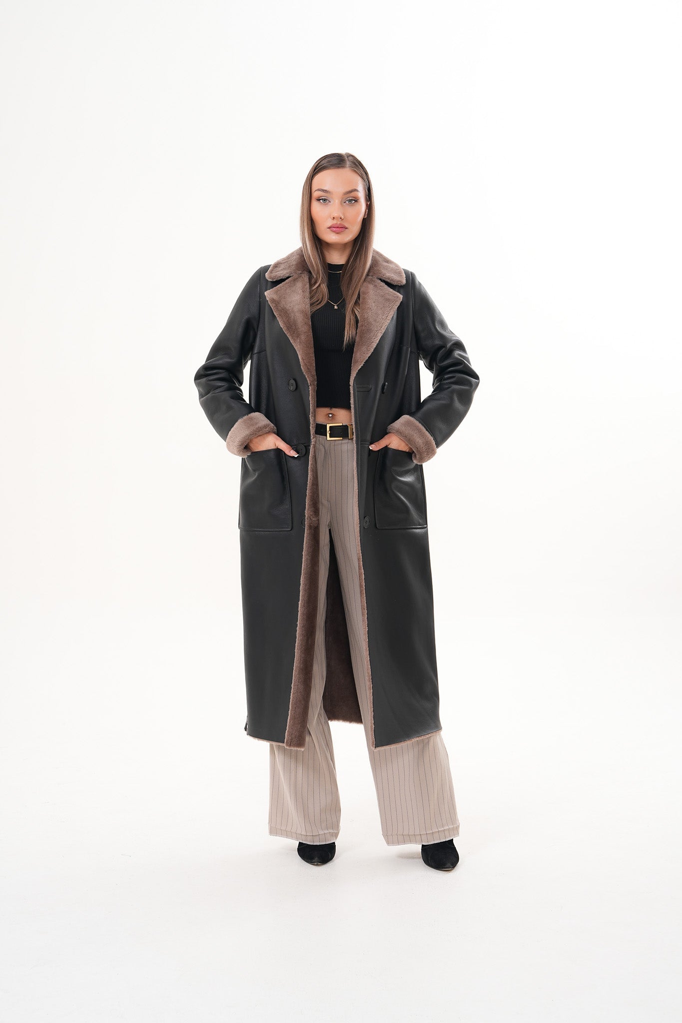 The Florence Long Shearling Black Leather Jacket For Sale