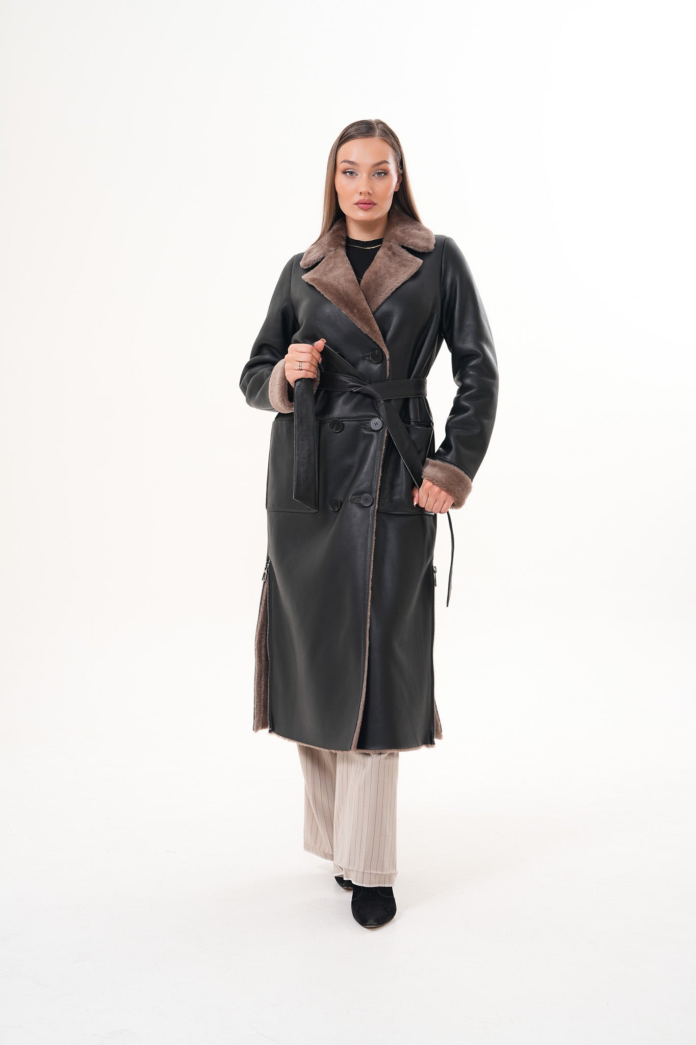 The Florence Long Shearling Black Leather Jacket For Sale
