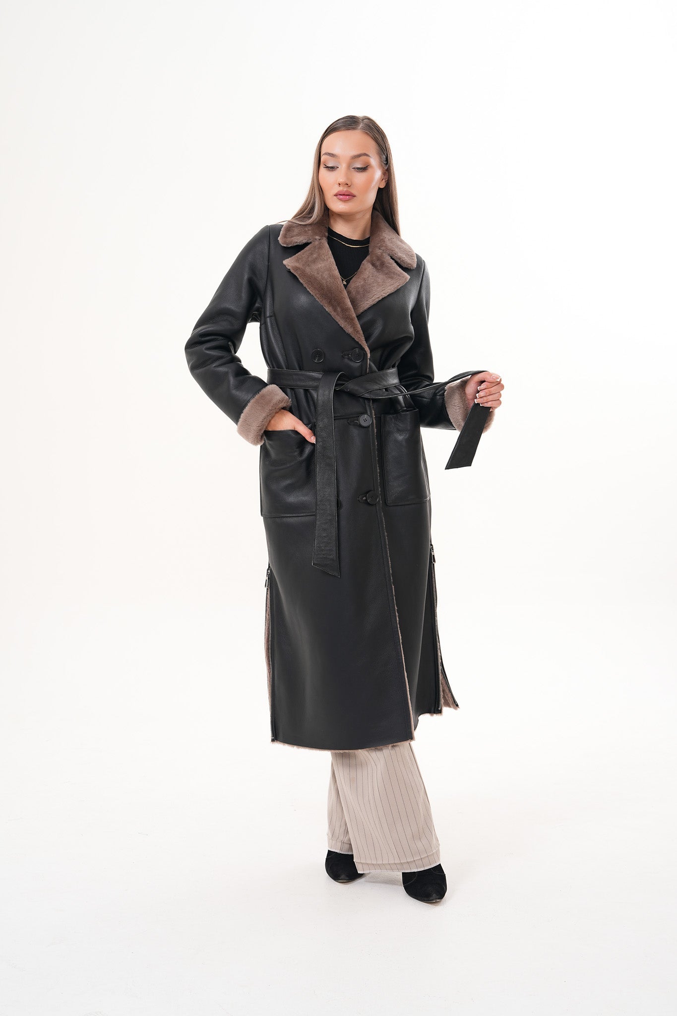The Florence Long Shearling Black Leather Jacket For Sale