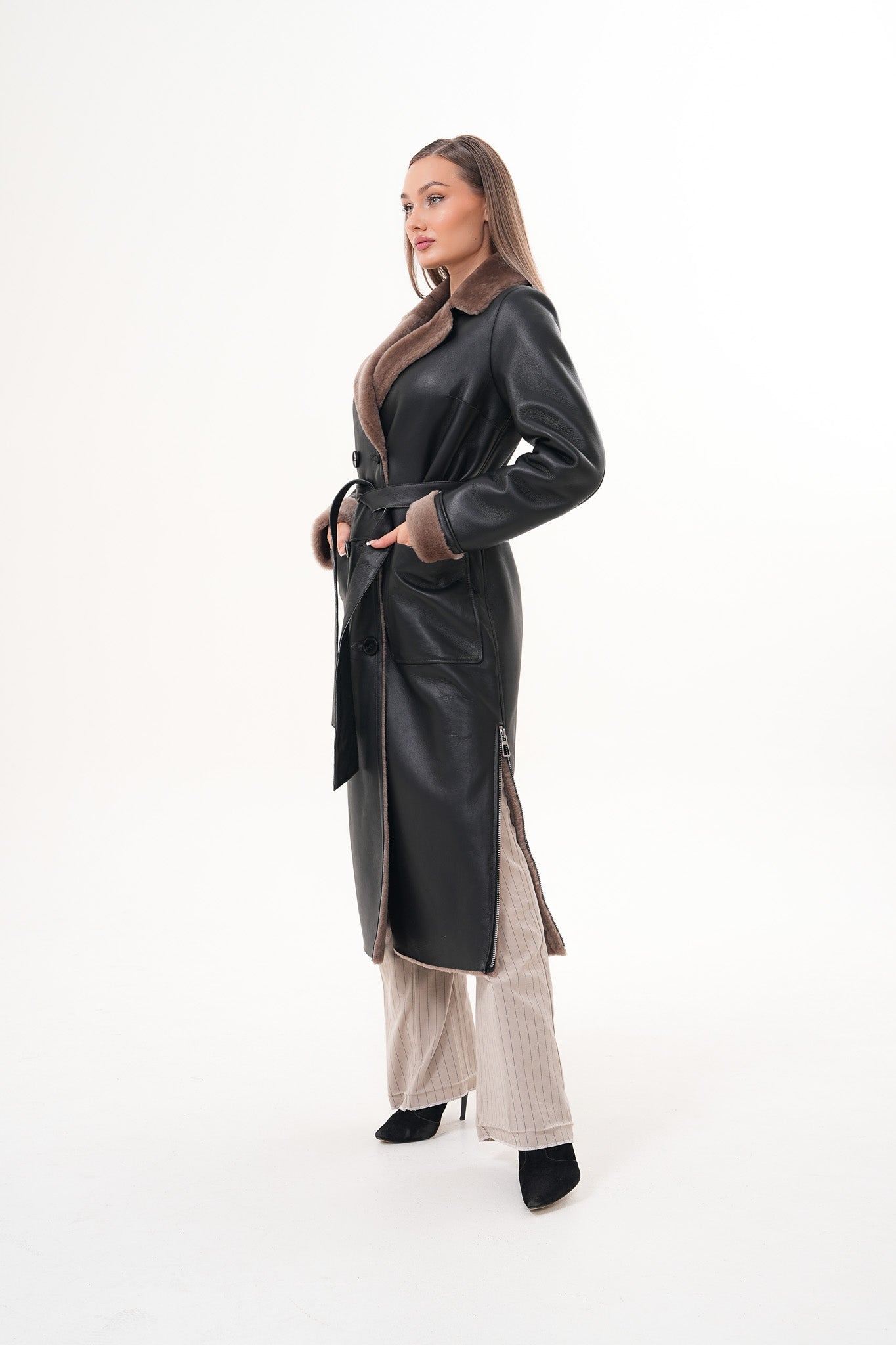 The Florence Long Shearling Black Leather Jacket For Sale