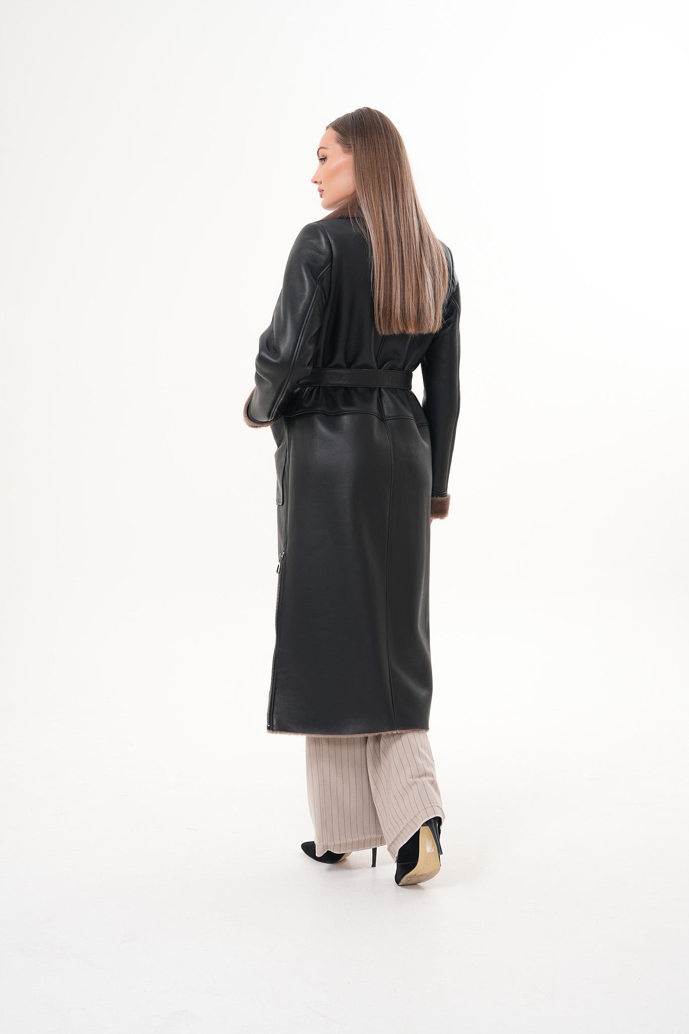 The Florence Long Shearling Black Leather Jacket For Sale