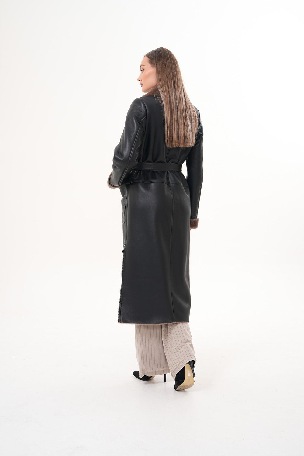 The Florence Long Shearling Black Leather Jacket For Sale