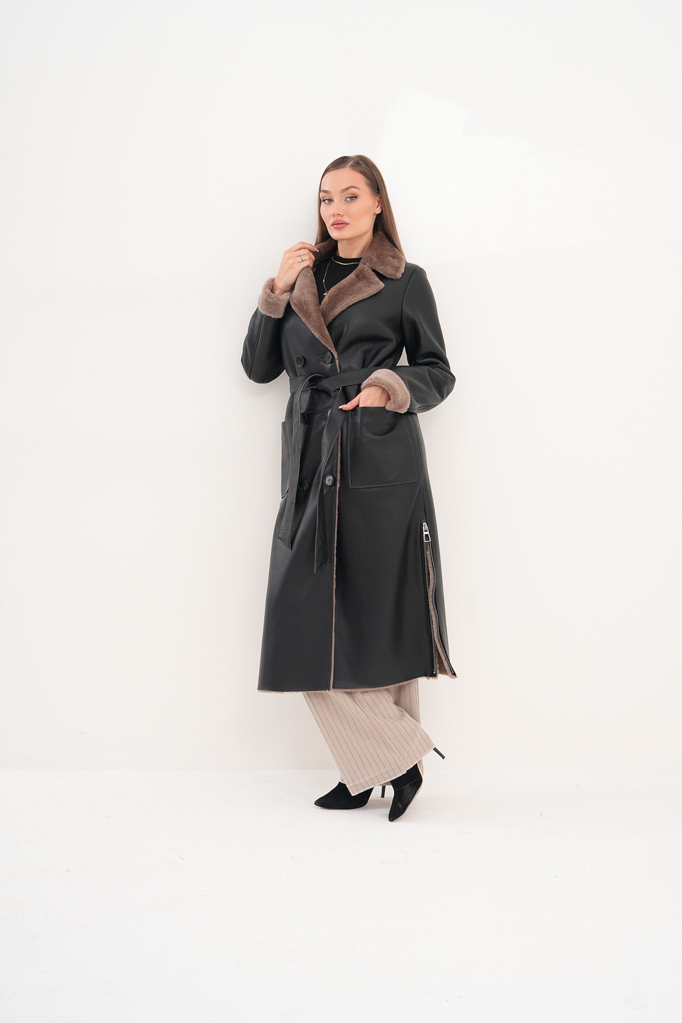 The Florence Long Shearling Black Leather Jacket For Sale