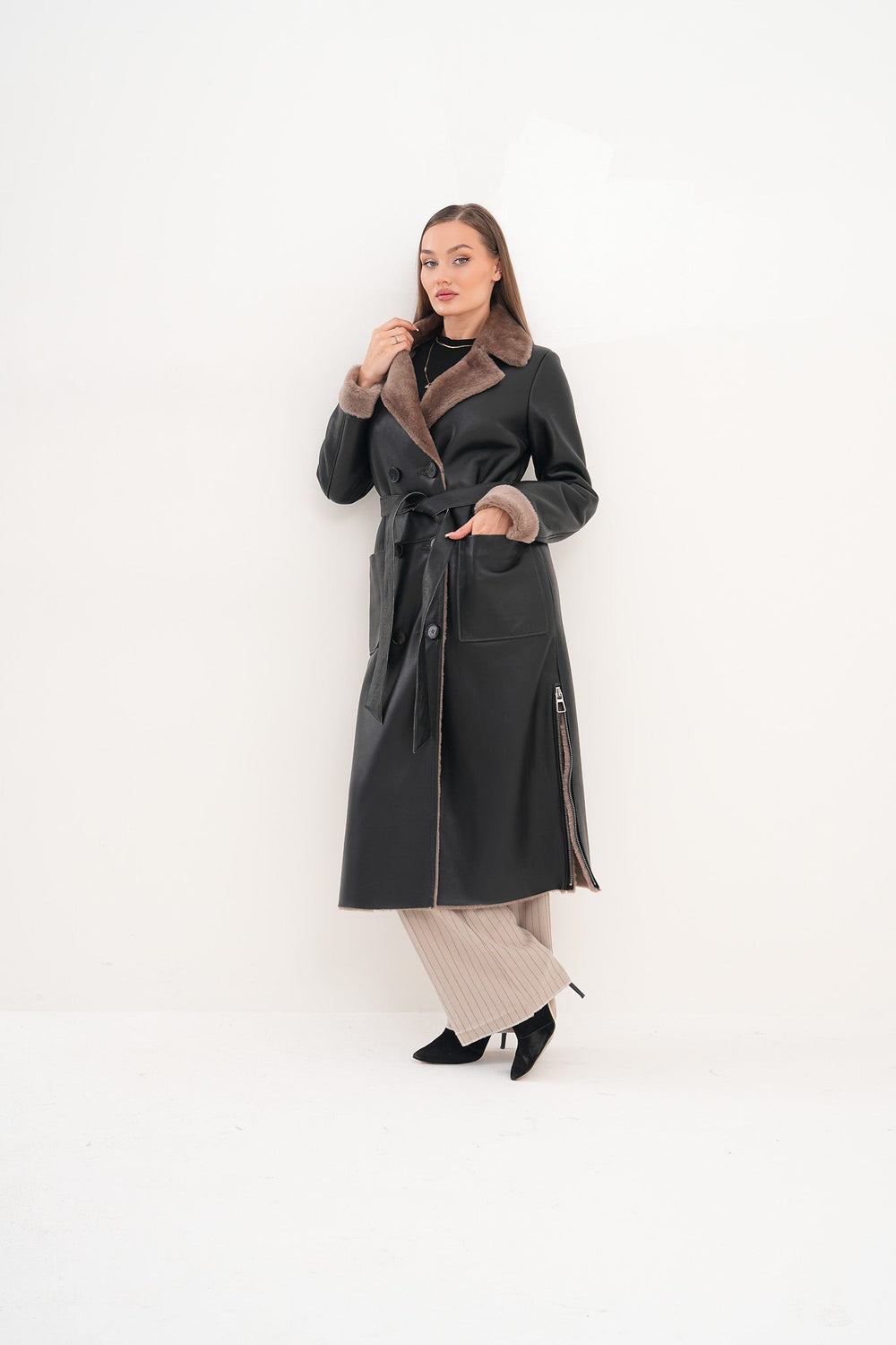 The Florence Long Shearling Black Leather Jacket For Sale
