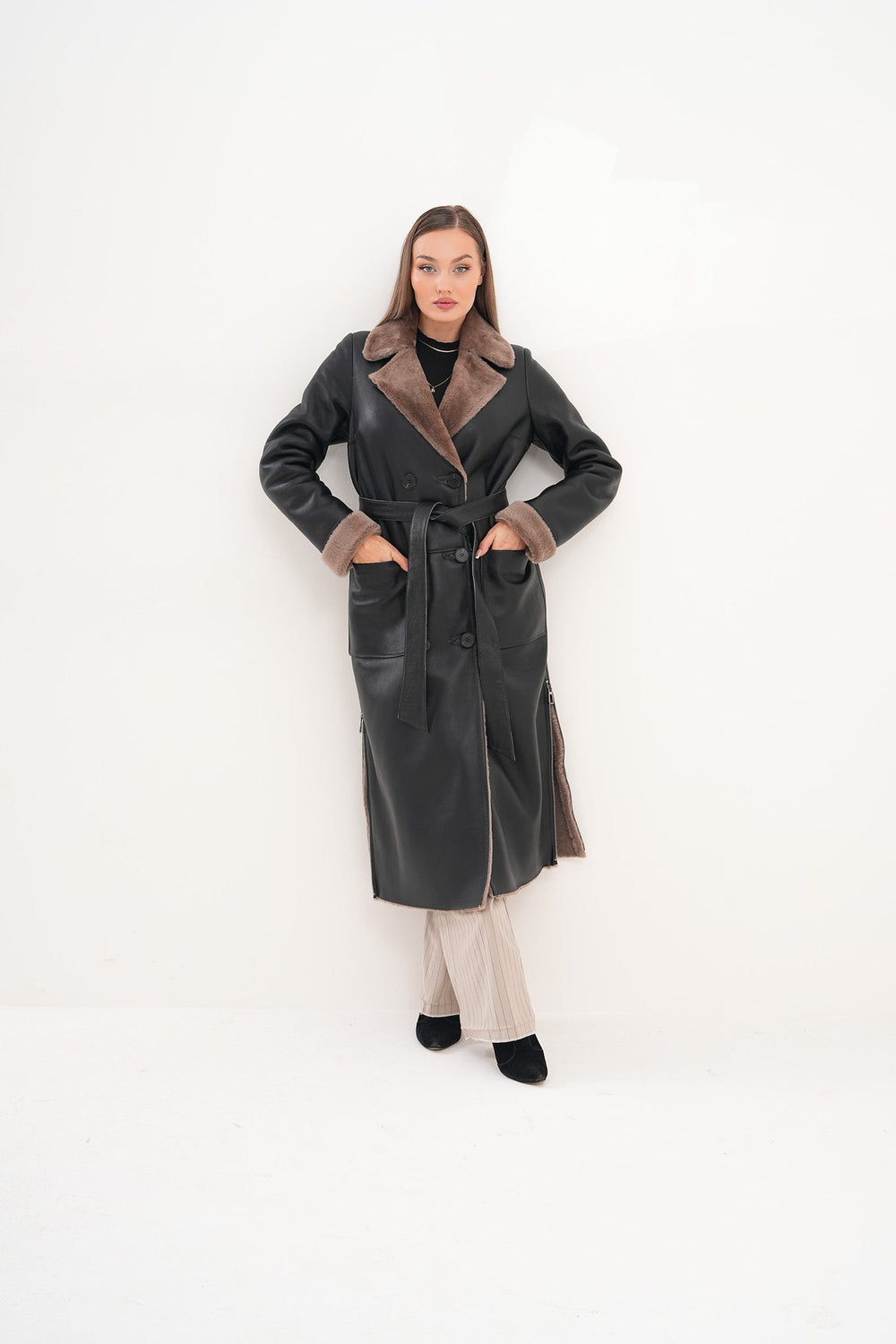 The Florence Long Shearling Black Leather Jacket For Sale