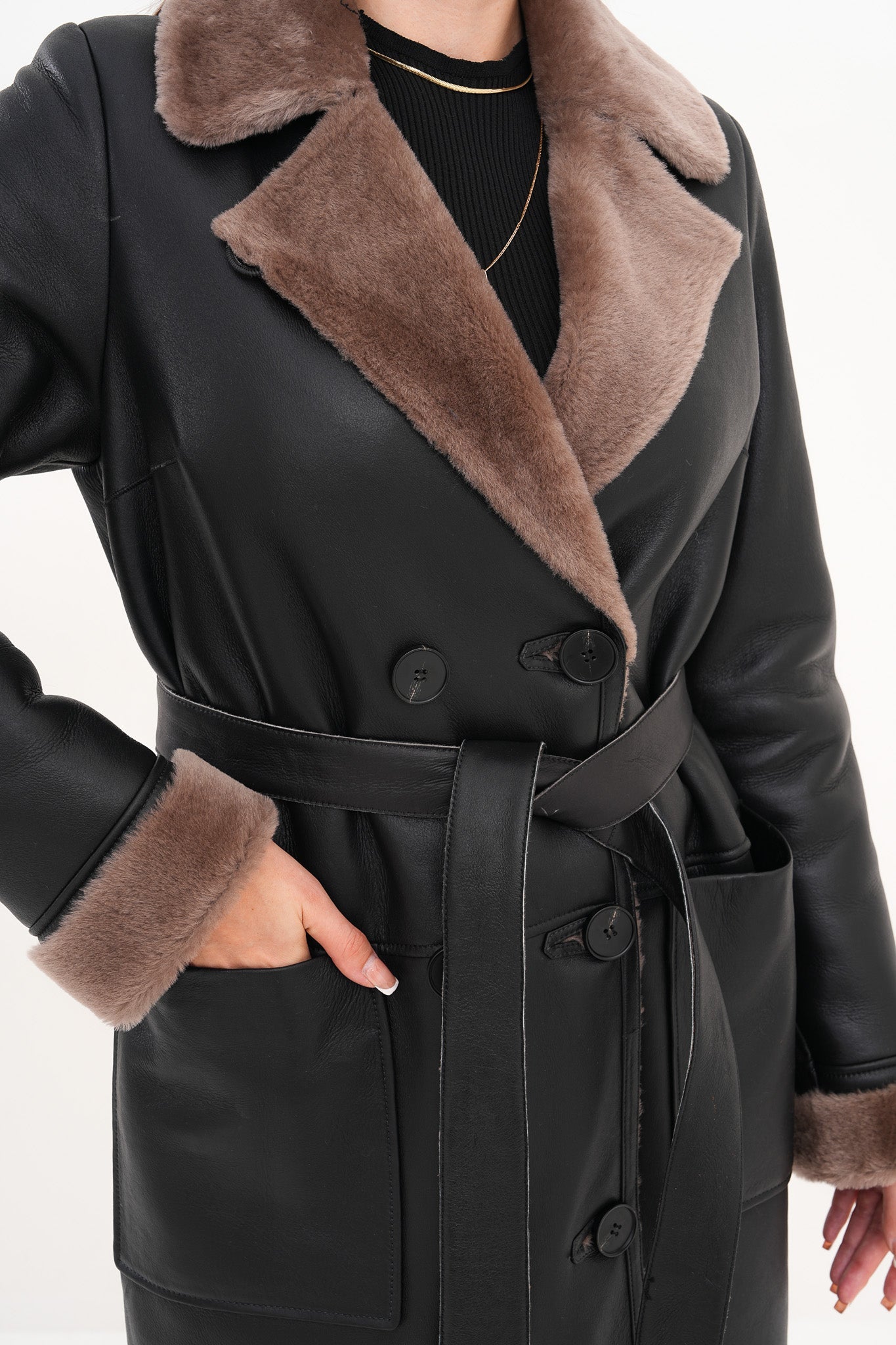 The Florence Long Shearling Black Leather Jacket For Sale