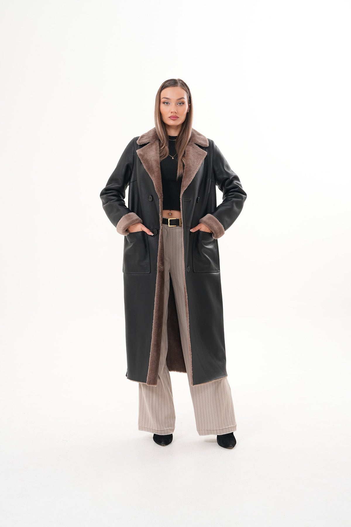 The Florence Long Shearling Black Leather Jacket For Sale