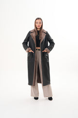The Florence Long Shearling Black Leather Jacket For Sale