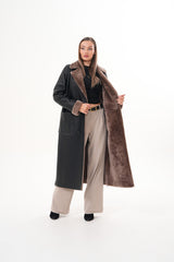 The Florence Long Shearling Black Leather Jacket For Sale