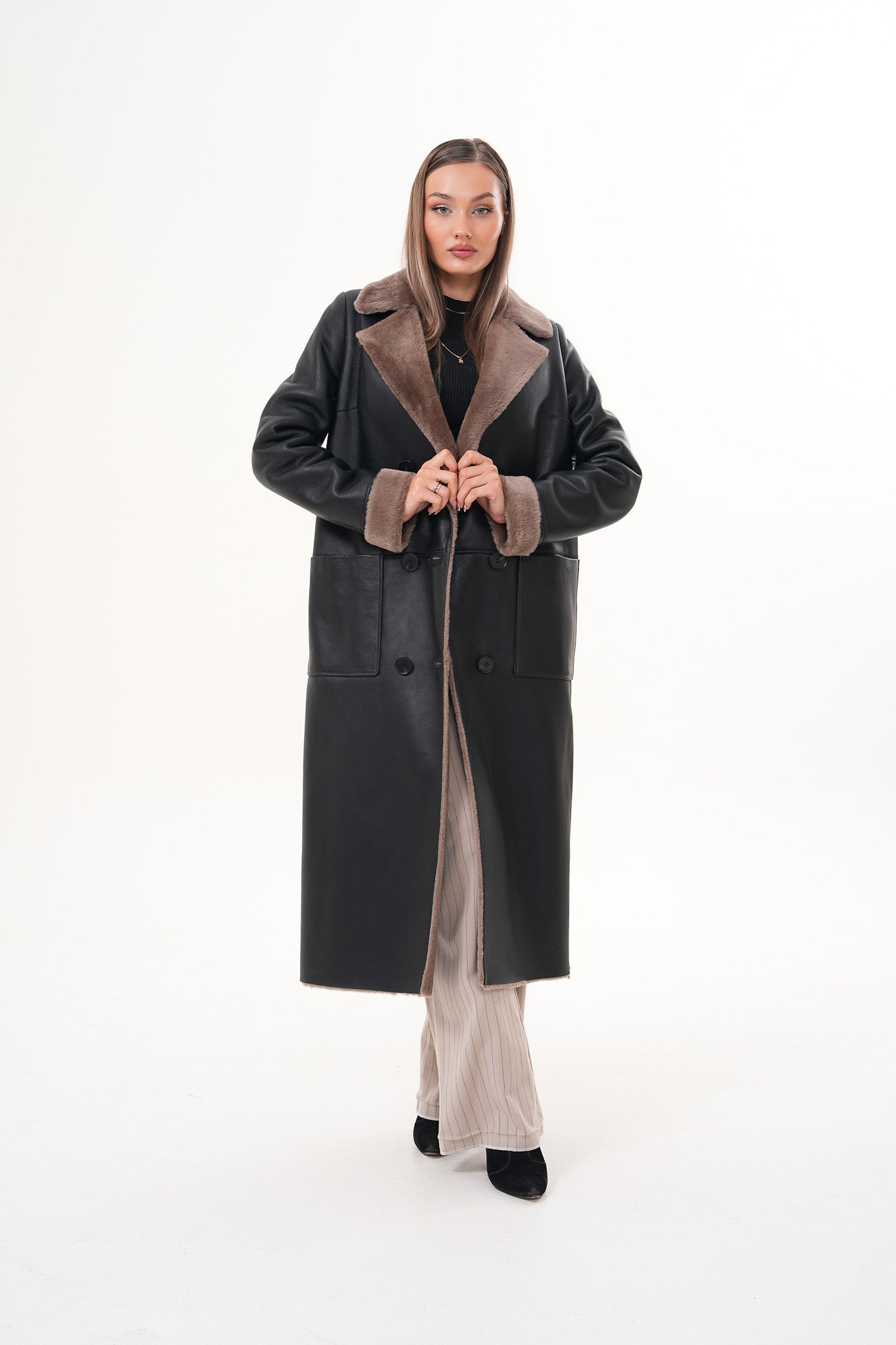The Florence Long Shearling Black Leather Jacket For Sale