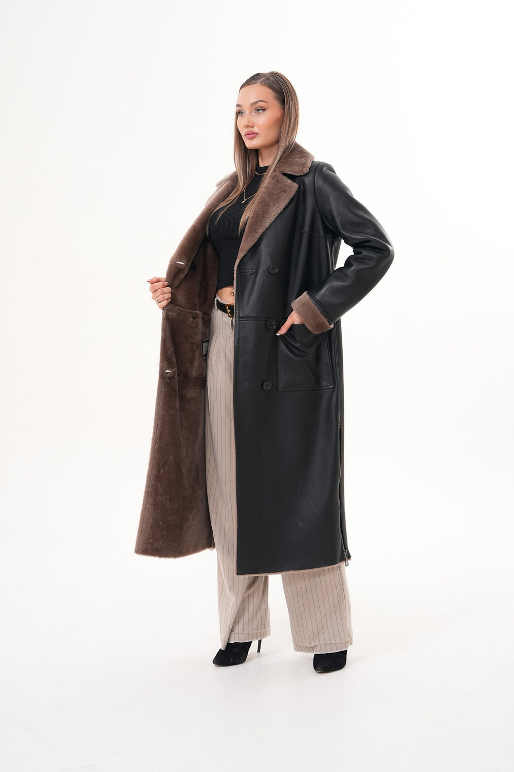 The Florence Long Shearling Black Leather Jacket For Sale
