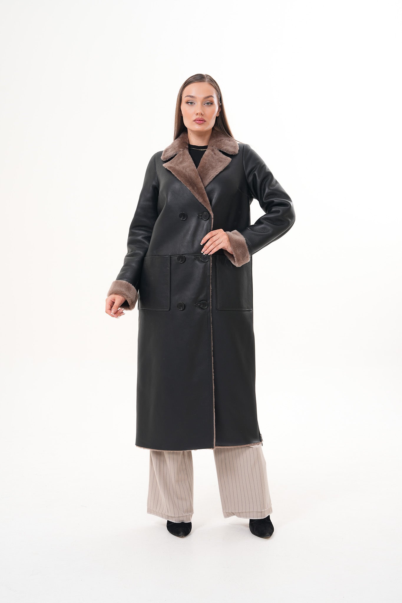 The Florence Long Shearling Black Leather Jacket For Sale
