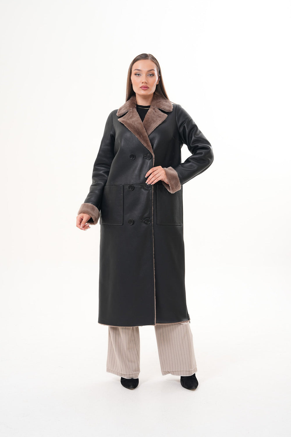 The Florence Long Shearling Black Leather Jacket For Sale
