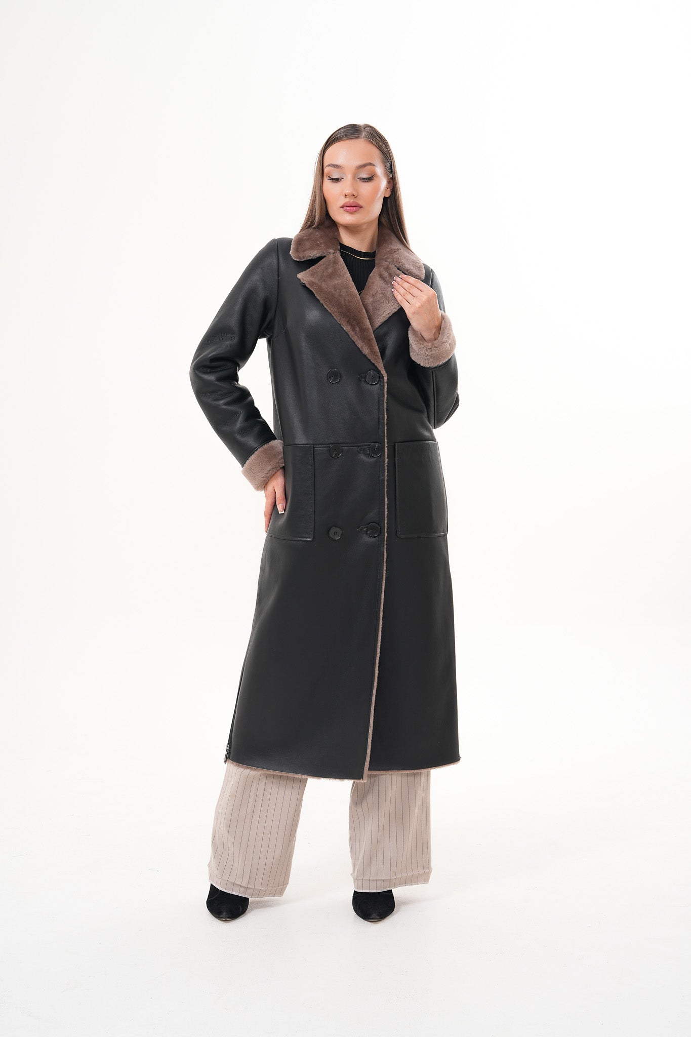 The Florence Long Shearling Black Leather Jacket For Sale