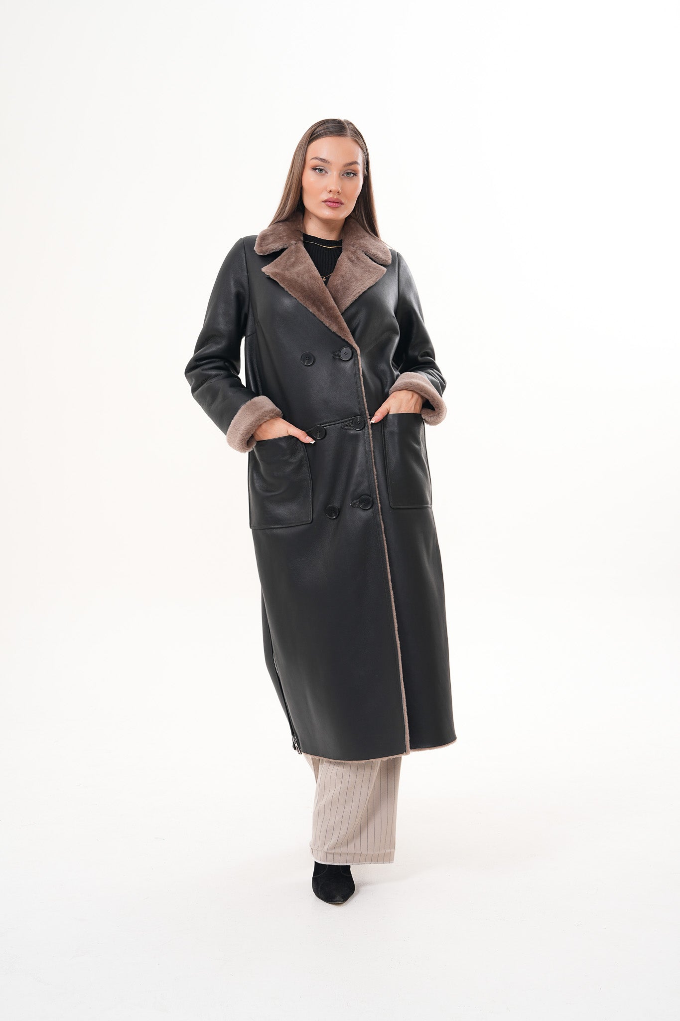 The Florence Long Shearling Black Leather Jacket For Sale