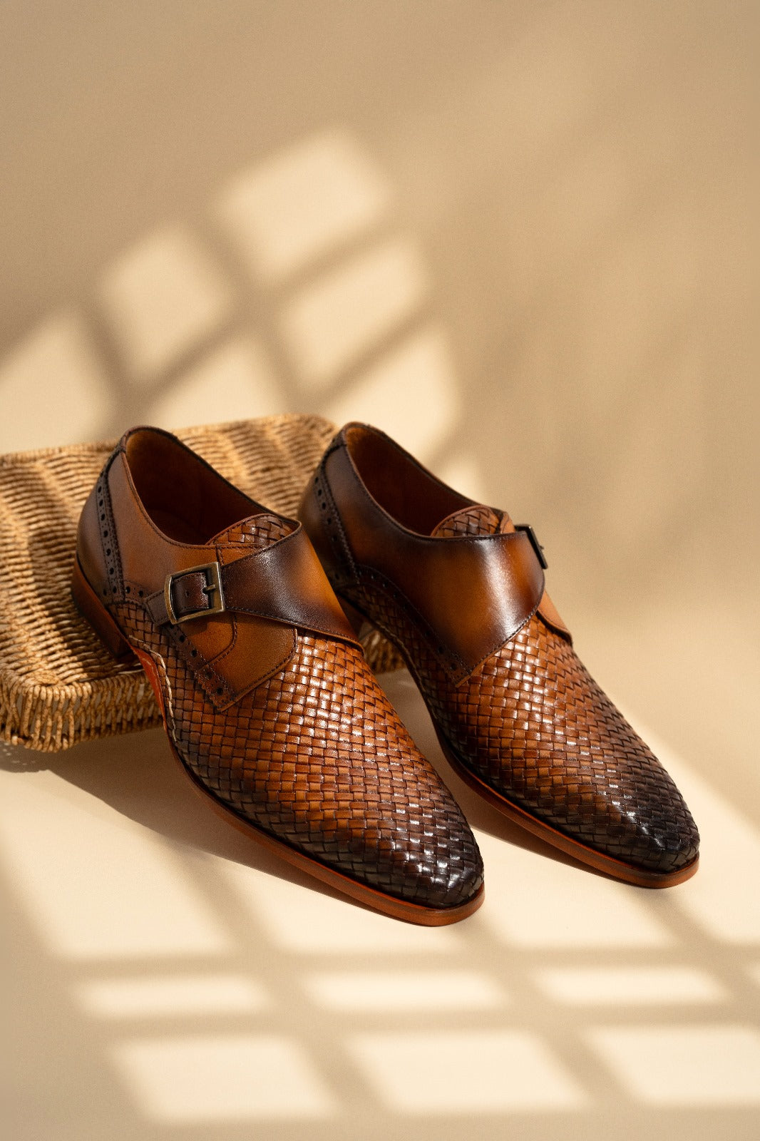 The Rolls  Woven Tan Leather Single Monk Strap  Handmade Shoe All New