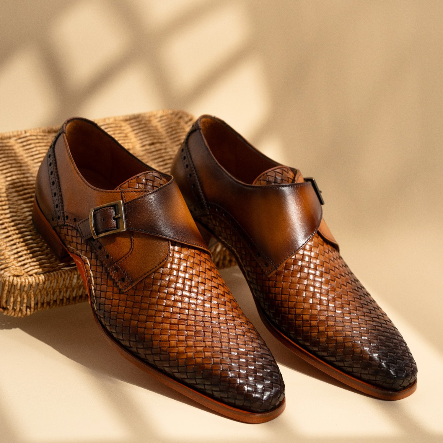 The Rolls  Woven Tan Leather Single Monk Strap  Handmade Shoe All New