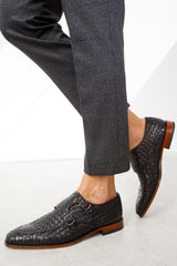 The Turan Black Woven Double Monk Strap Dress Shoe All New
